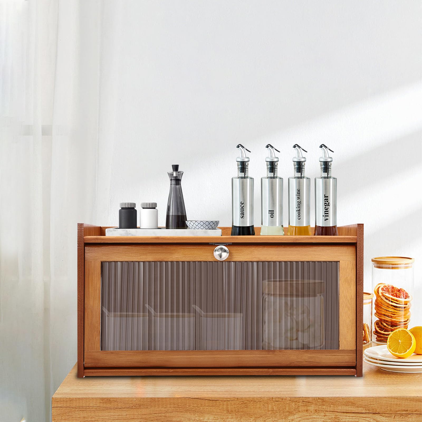 Armadietto in bambù a 2 ripiani con anta – Mini piano di lavoro per cucina, buffet, per pane, dispensa, artigianato, strumenti di cucito, primo soccorso, credenza 50 x 25 x 27 cm