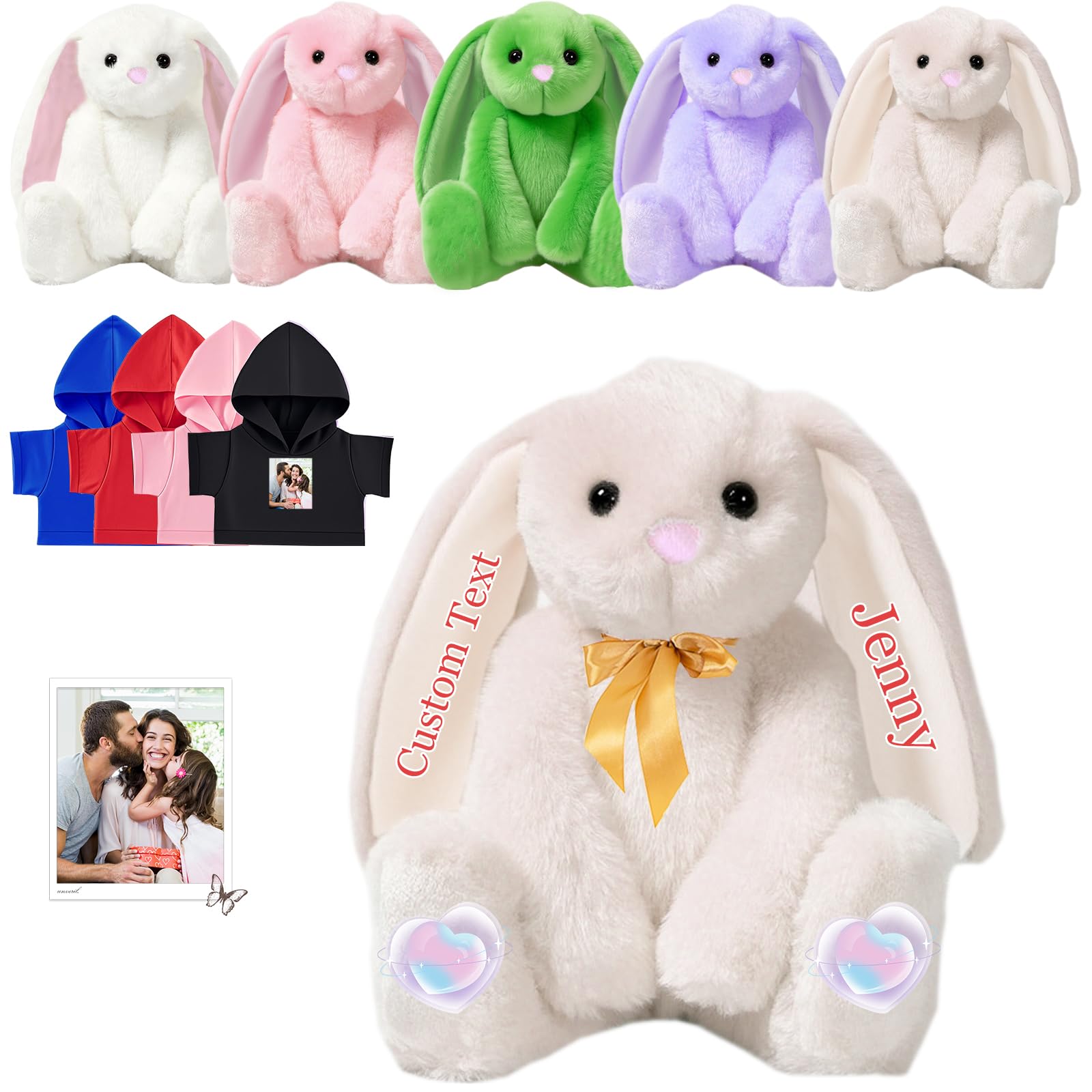 FAHOXUMR Peluche Conejito Personalizado, Peluche Conejito Personalizado con Foto Texto como Regalos Personalizados Bunny Plush Conejo para Niños Niñas, Niños Primer Regalo de Pascua, 25 cm