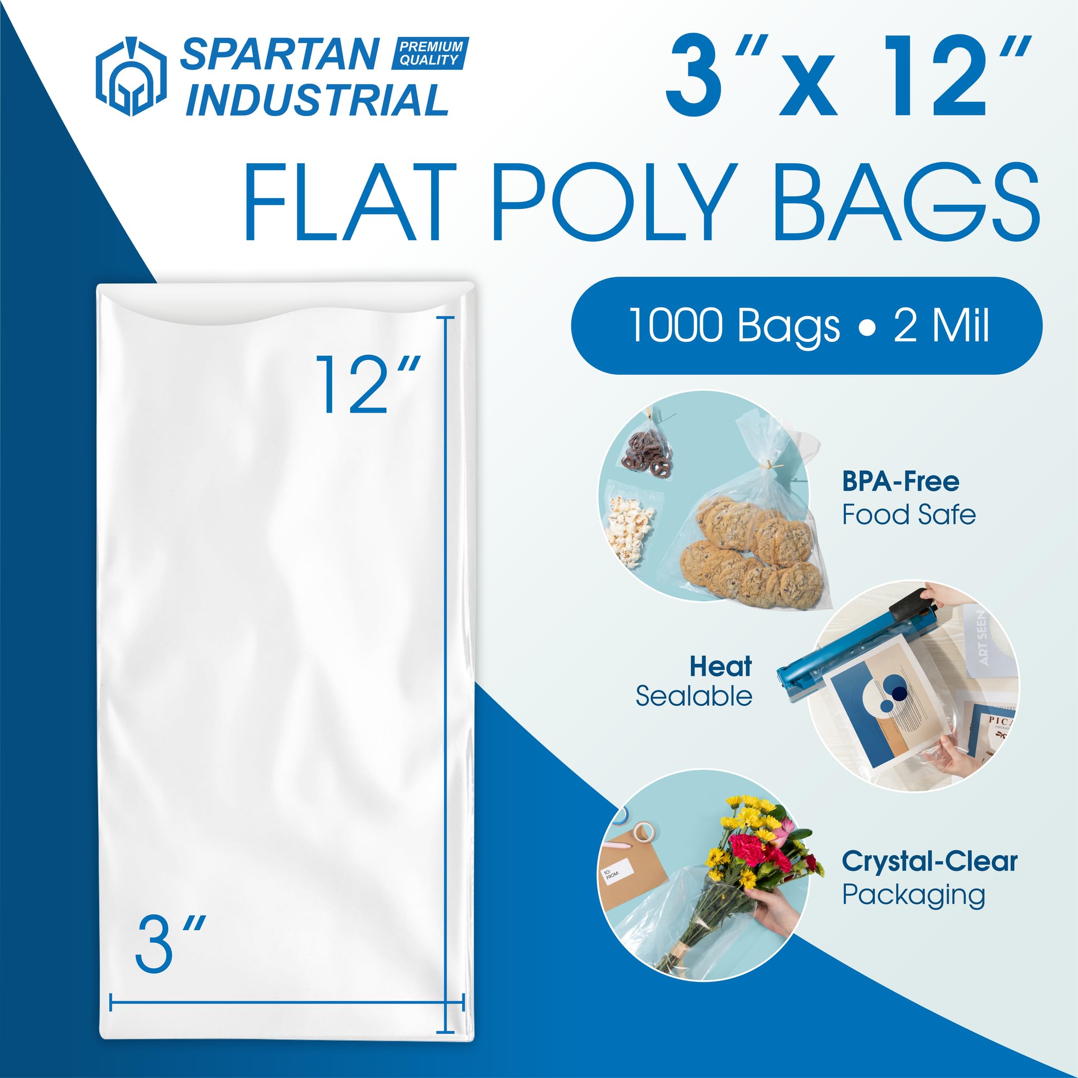 Spartan Industrial – 3 x 12 pulgadas (1000 unidades) 2 mil bolsas de plástico transparente de extremo abierto de alta resistencia – para embalaje de suministros médicos, joyas, manualidades (las