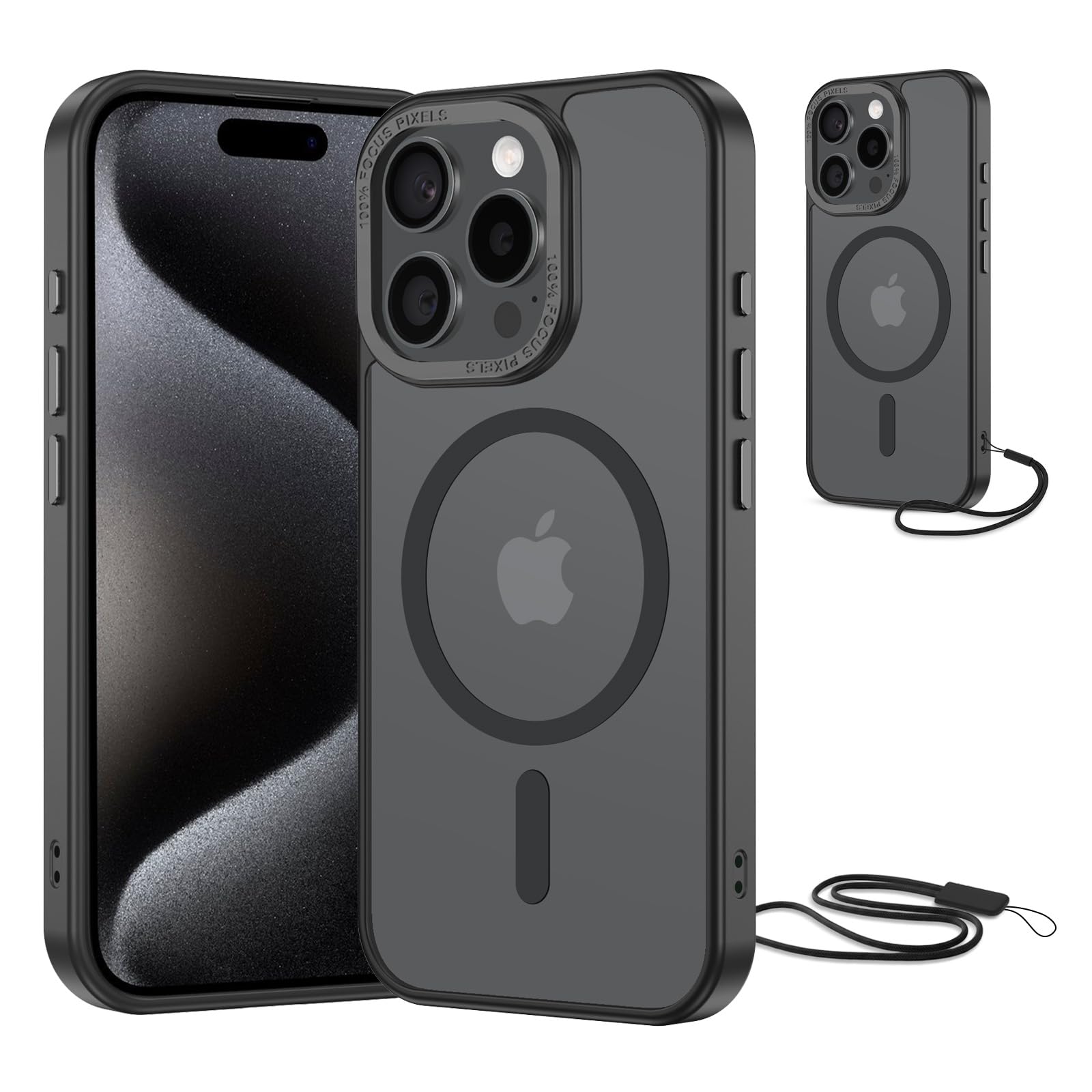 NEW'C Magnetisch Hülle für iPhone 15 Pro Max (6,7 Zoll) kompatibel mit MagSafe Ultimate, stoßfest-starker Magnetismus und militärischer Schutz-Matte, durchscheinende Hülle mit Umhängeband-Schwarz