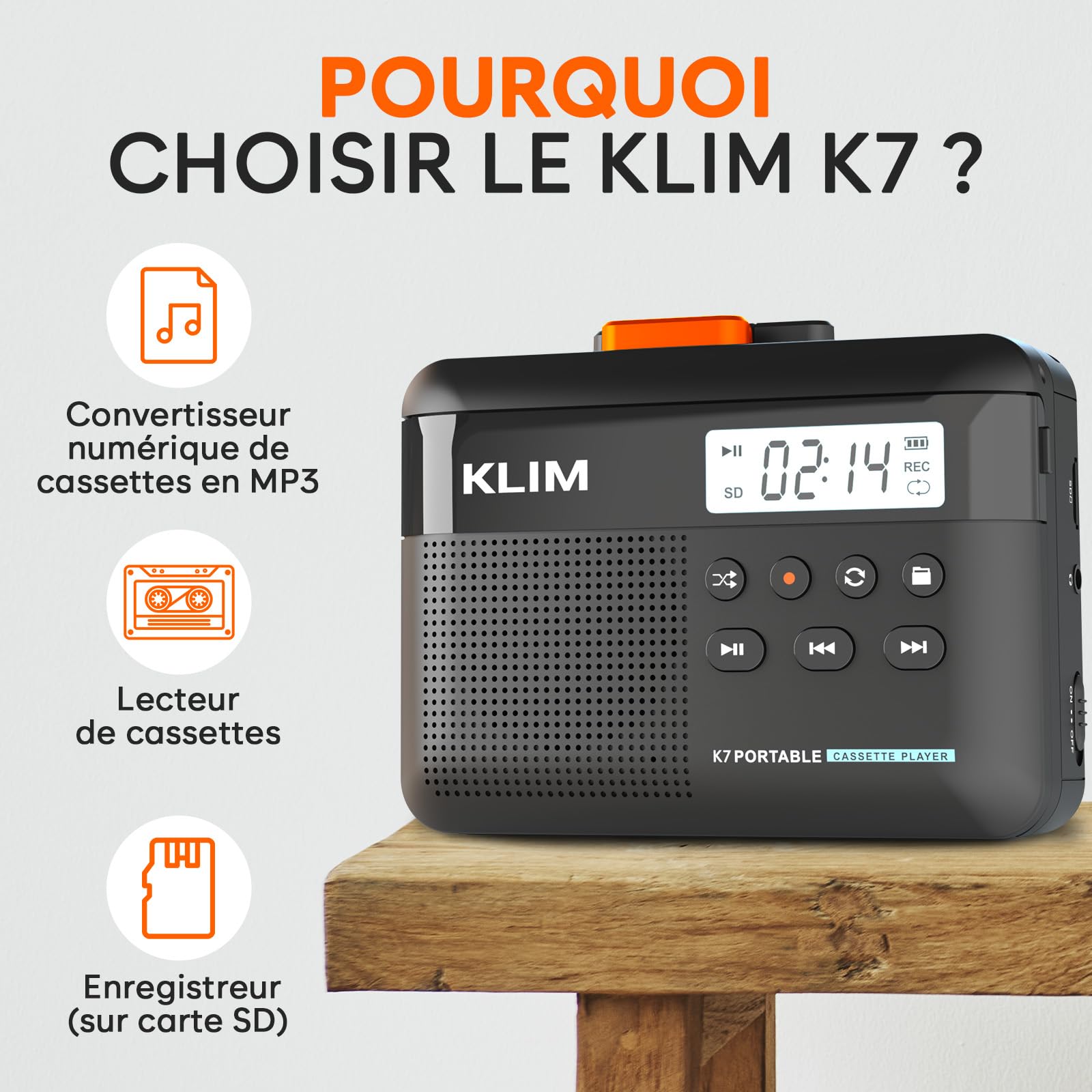 Cassette Player KLIM K7 - Lecteur Cassette Audio - Convertisseur Audio en MP3 - Microphone et Haut-Parleur intégrés - Batterie Rechargeable - Ecouteurs - Carte SD 16GB - Noir-Orange