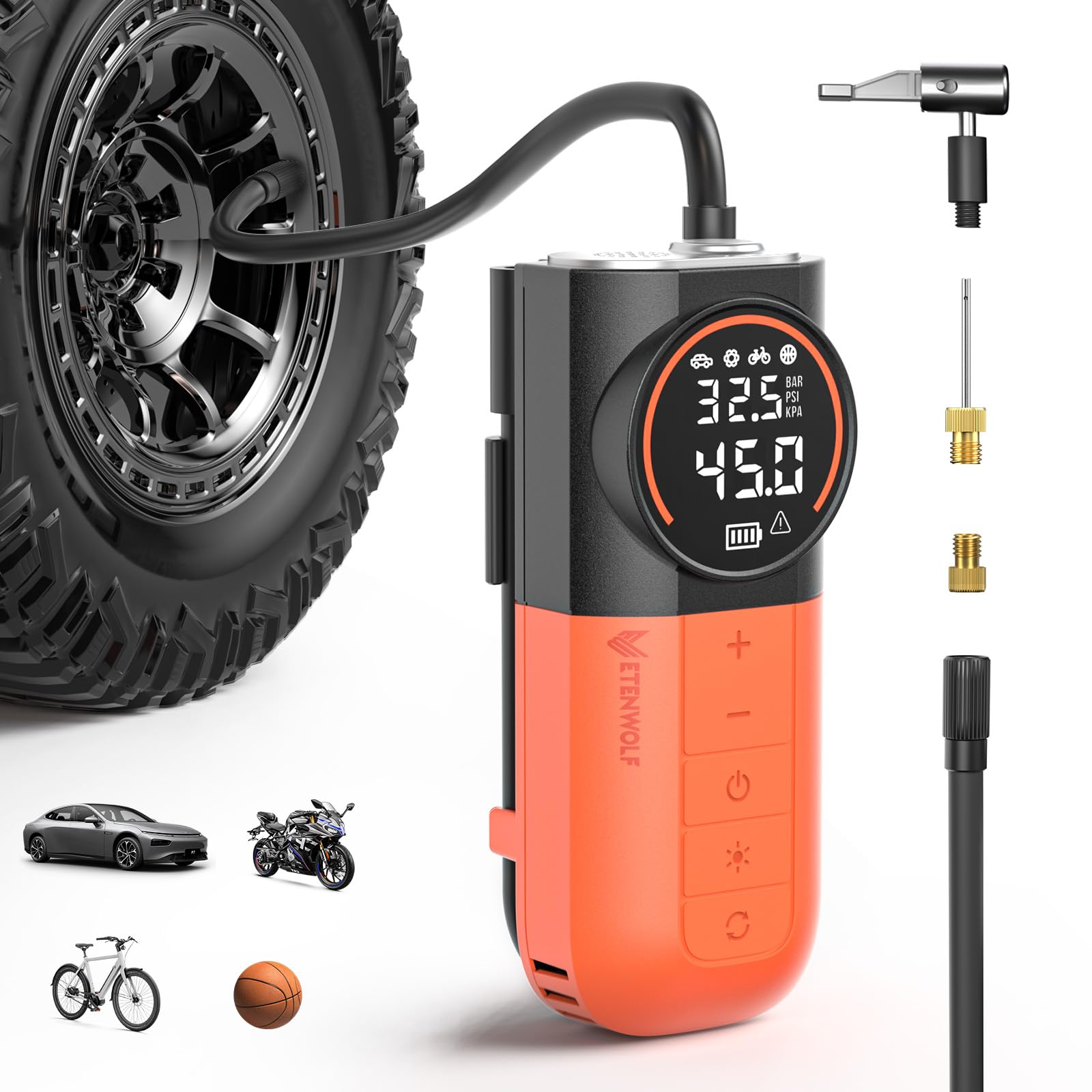 ETENWOLF S1 Elektrische Luftpumpe, 11 Bar Luftkompressor für Autoreifen, Fahrrad, Bälle, Motorrad, Schnell-Inflation Reifenpumpe, Akku Luftpumpe mit LED Licht & Digitalem Manometer