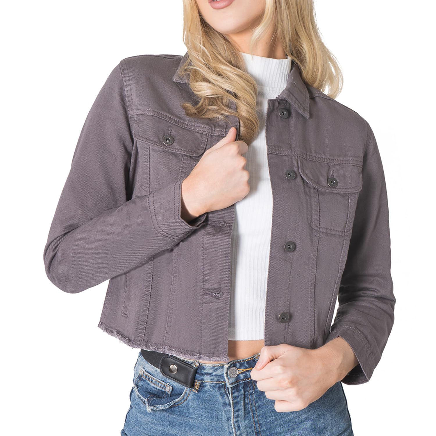 Noroze Women's Charcoal Denim Jacket Cropped Denim Jacket Ripped Self Fabric Distressed Hem Casual Jean Coat (10, )