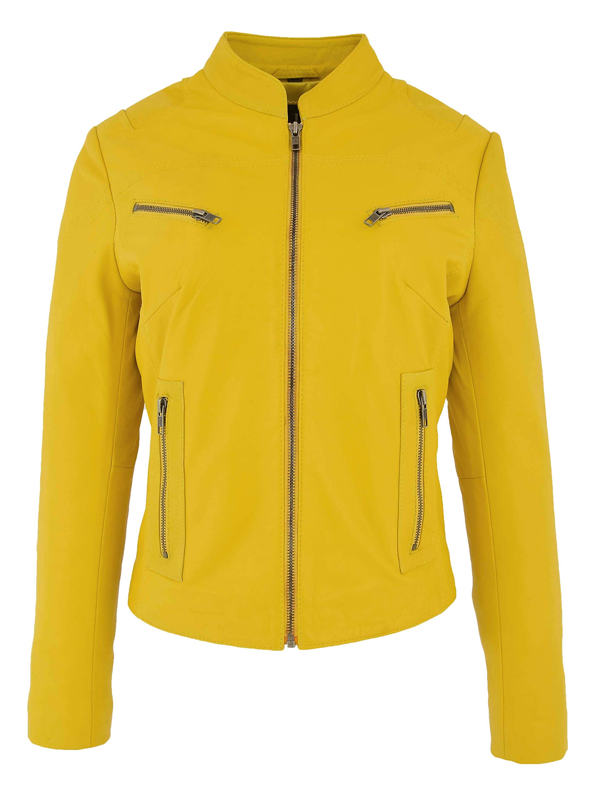 Womens Real Leather Biker Jacket Standing Collar Zip up Style Becky (10, Yellow)