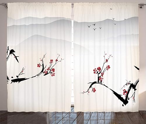 Ambesonne Cortinas del este, paisaje natural japonés, flor de Sakura nacional sobre el Himalaya y las gaviotas voladoras, juego de 2 paneles de