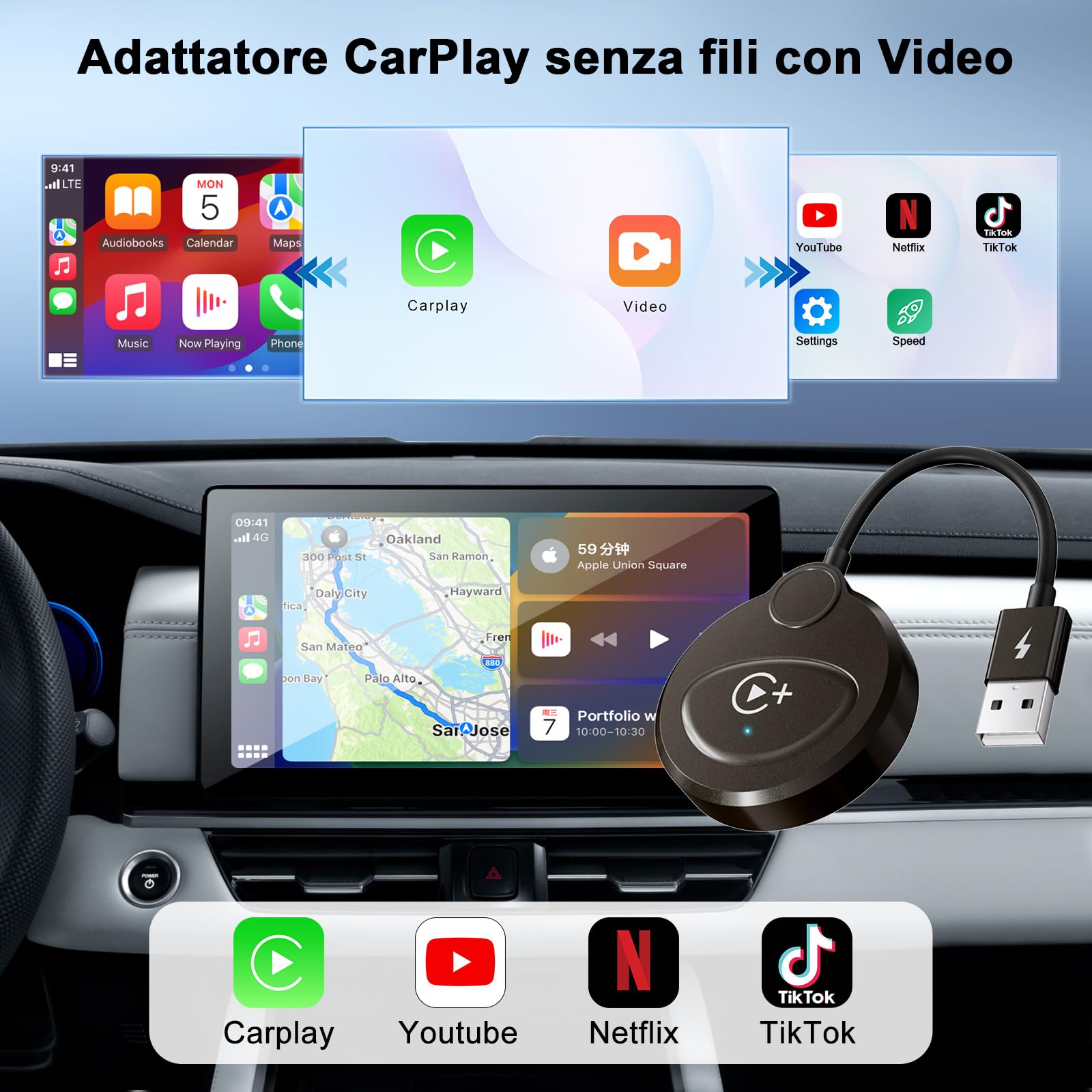 Adattatore CarPlay Wireless con YouTube, Netflix e Tiktok per iPhone, Dongle per CarPlay Cablato in Fabbrica a Wireless, Connessione Automatica per Auto Successive al 2016