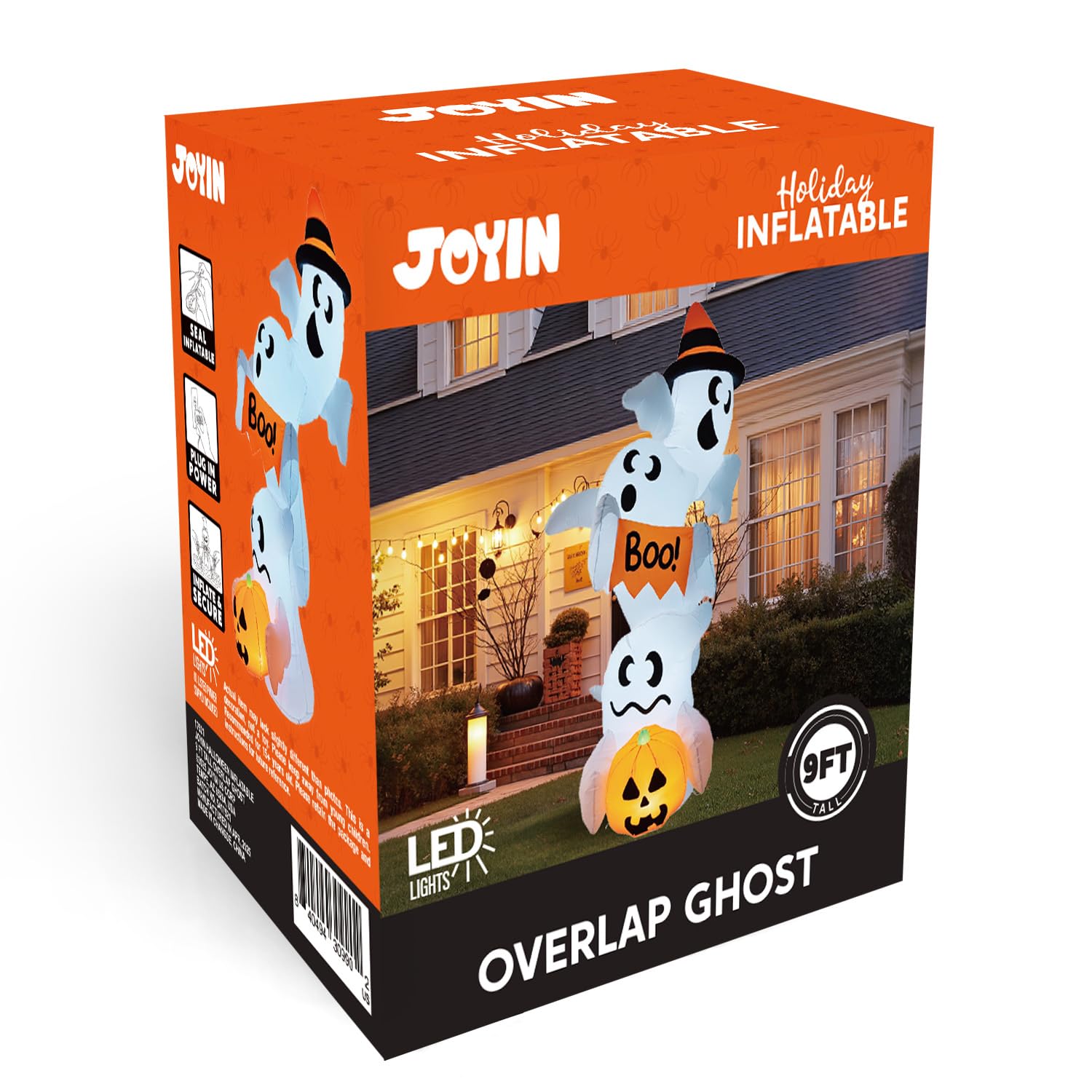 JOYIN 2,7 m hoher aufblasbarer Halloween-Geist Outdoor-Dekorationen, riesiger überlappender Geist, aufblasbare Dekoration mit LEDs, aufblasbarer Hofdekorationen für Halloween-Party, Garten, Rasen, Hof