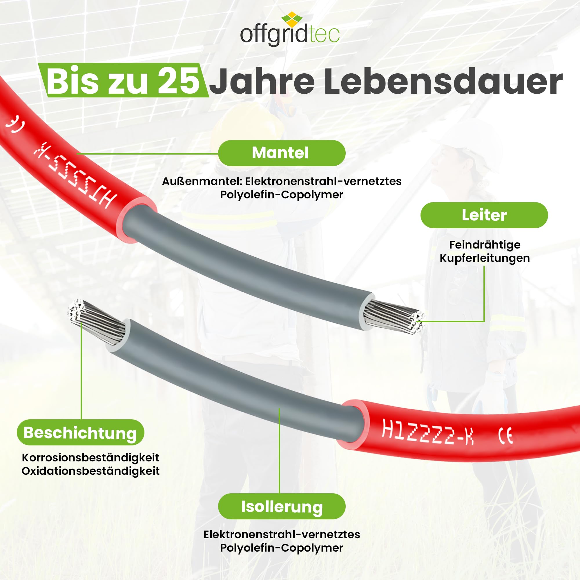 Offgridtec Câble solaire H1Z2Z2-K 6 mm², câble en cuivre simple pour installations photovoltaïques, résistant aux UV et aux intempéries, sans halogène, conforme à la norme IEC 60228 EN 50618 (100 m