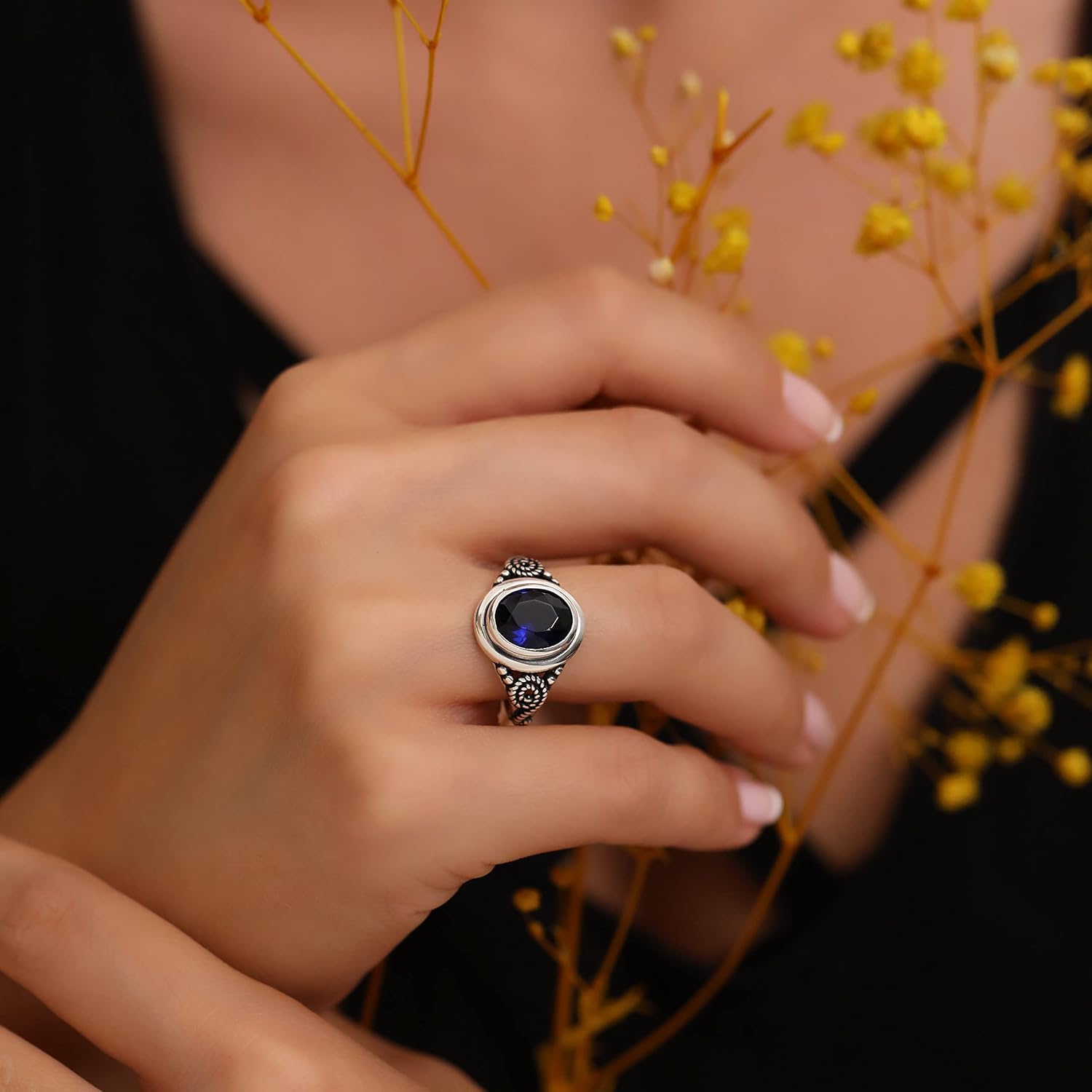 Genuine 925 Sterling Silver Oval Shape Brilliant Cut Blue Sapphire Color Stone Luxury Statement Filigree Ring Gift for Her