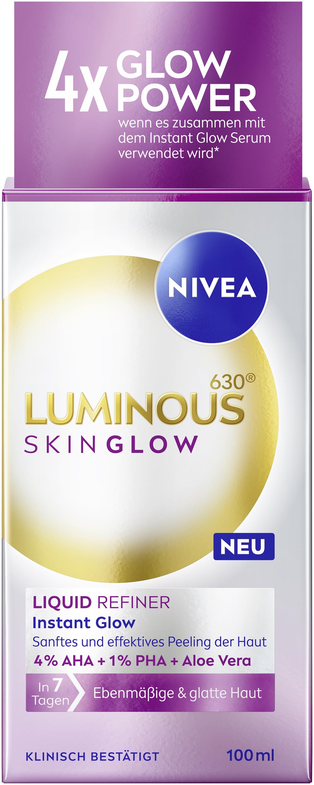 NIVEA LUMINOUS630 Skin Glow Liquid Refiner, delikatny i skuteczny peeling AHA do równomiernej i gładkiej skóry, wygładzająca pory pielęgnacja twarzy z 4% AHA, 1% PHA i Aloe Vera (100 ml)