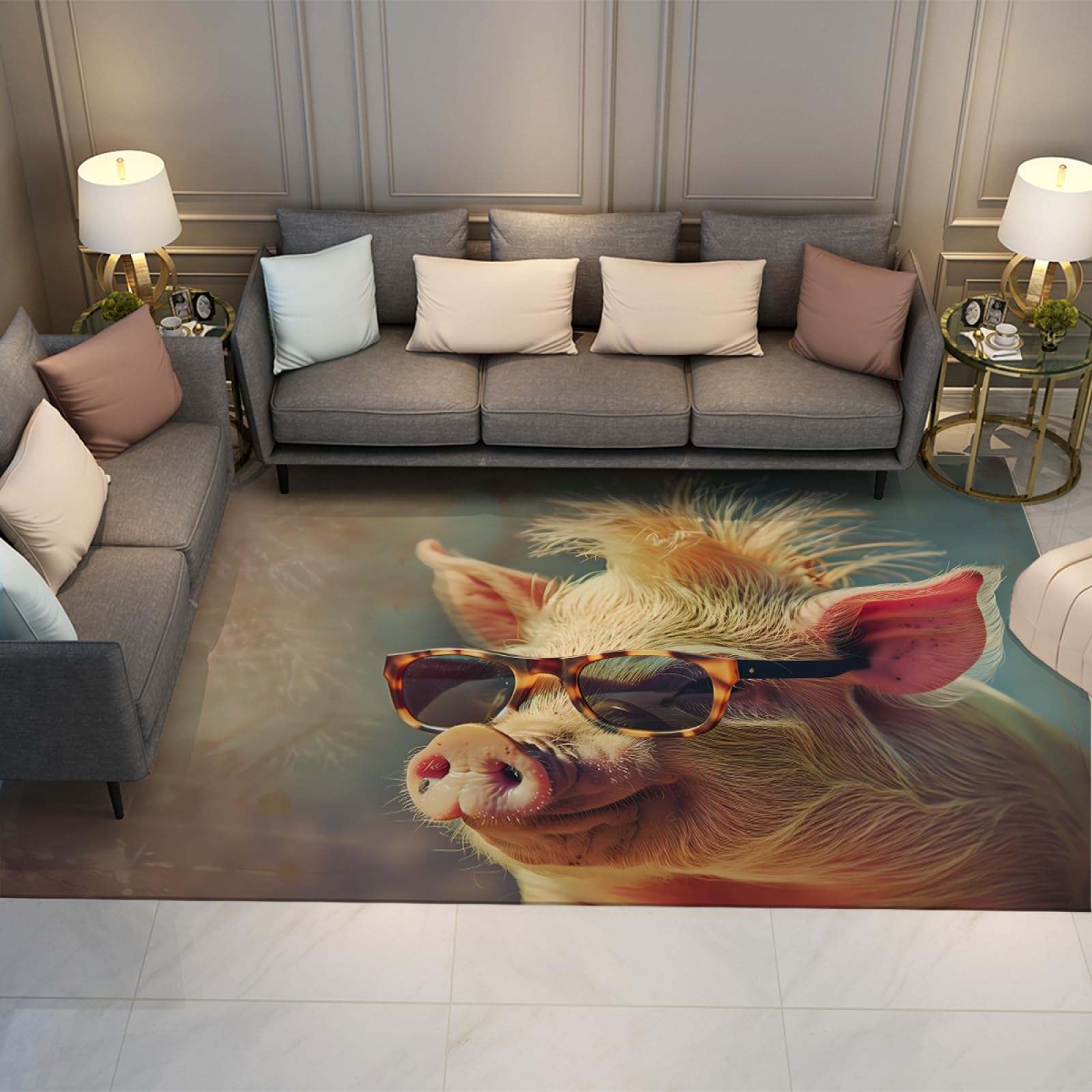 Zabawny dywan do salonu ze zwierzętami, 140 x 200 cm, świnka, nosząca okulary przeciwsłoneczne, antypoślizgowy dywan do użytku wewnątrz, łatwy do czyszczenia, estetyczny dywan dekoracyjny