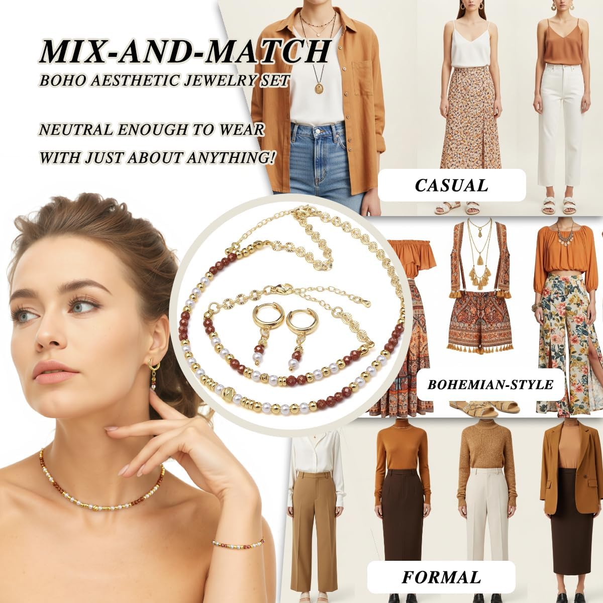 Boho Beaded Women's Jewelry Set - Gold Plated Necklace & Hoop Dangle Earrings & Bracelet for Women, Luxury Vintage Fashion Accessories, Gold-Brown - Image 5