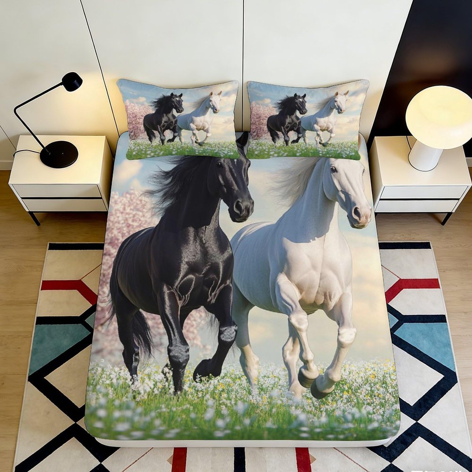 3D Printed Horse Fitted Sheet Microfiber Deep Pocket Elastic Hem Bedroom Bedding Horse Pattern Mattress Fitted Cover for Adults 90x200x25cm