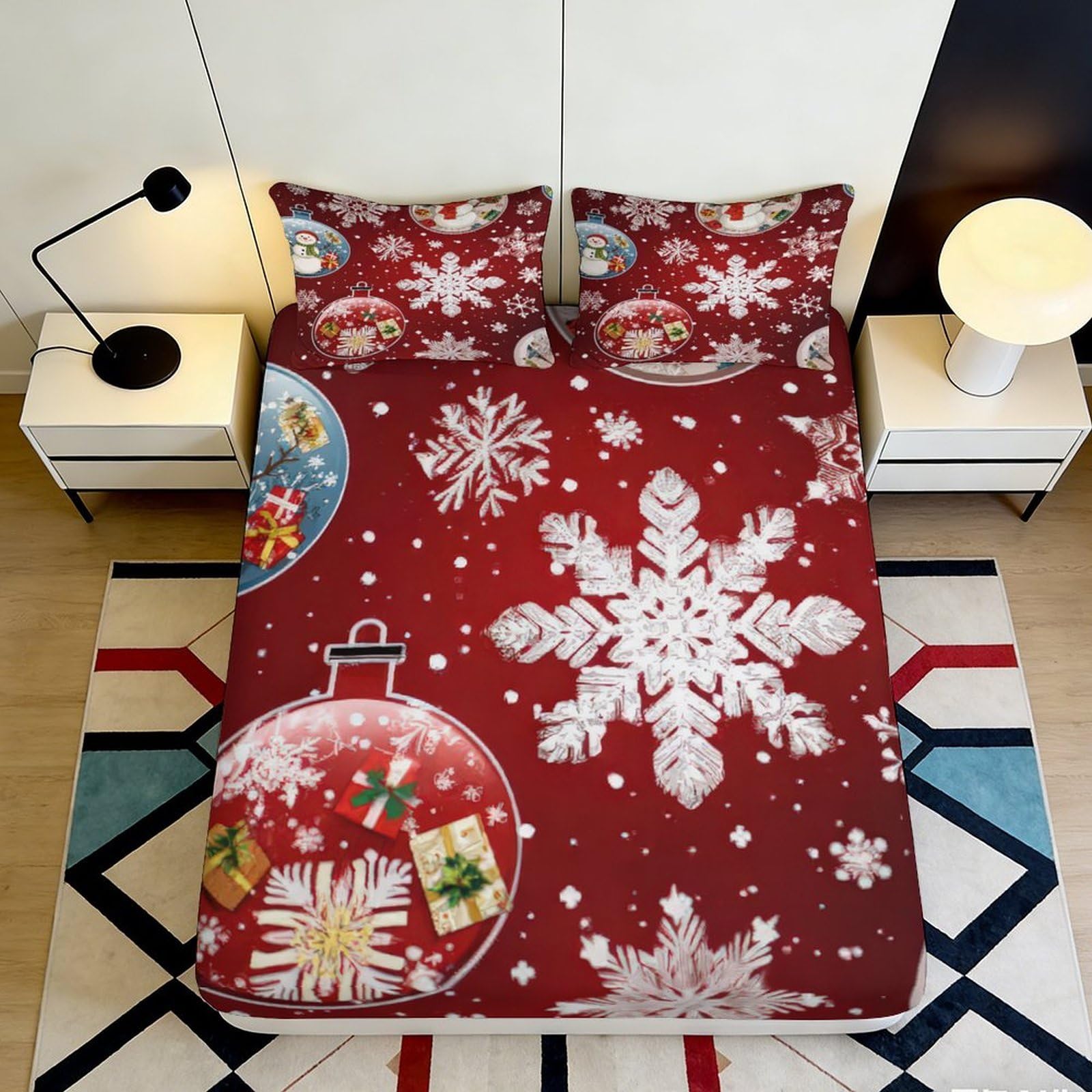 3D Printed Christmas Ornament Fitted Sheet Microfiber Soft Snowflake Bed Cover for Bedroom Guest Room Decor 90x200x25cm