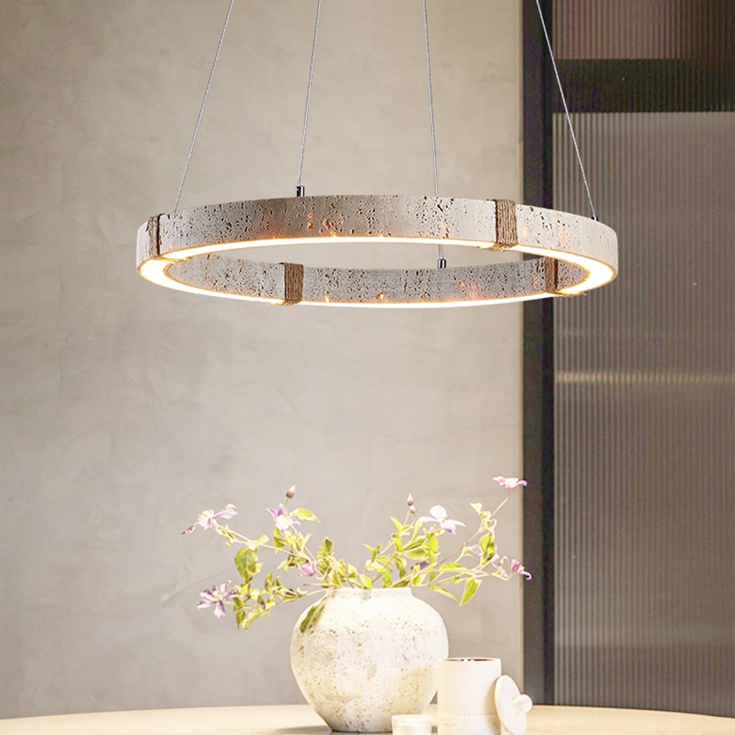 LYMSXAZOU Dimmable Yellow Travertine Stone Circular LED Chandelier - Wabi Sabi Pendant Light for Living Room Dining Bedroom & Kitchen Island Elegant Hanging Lighting Fixture