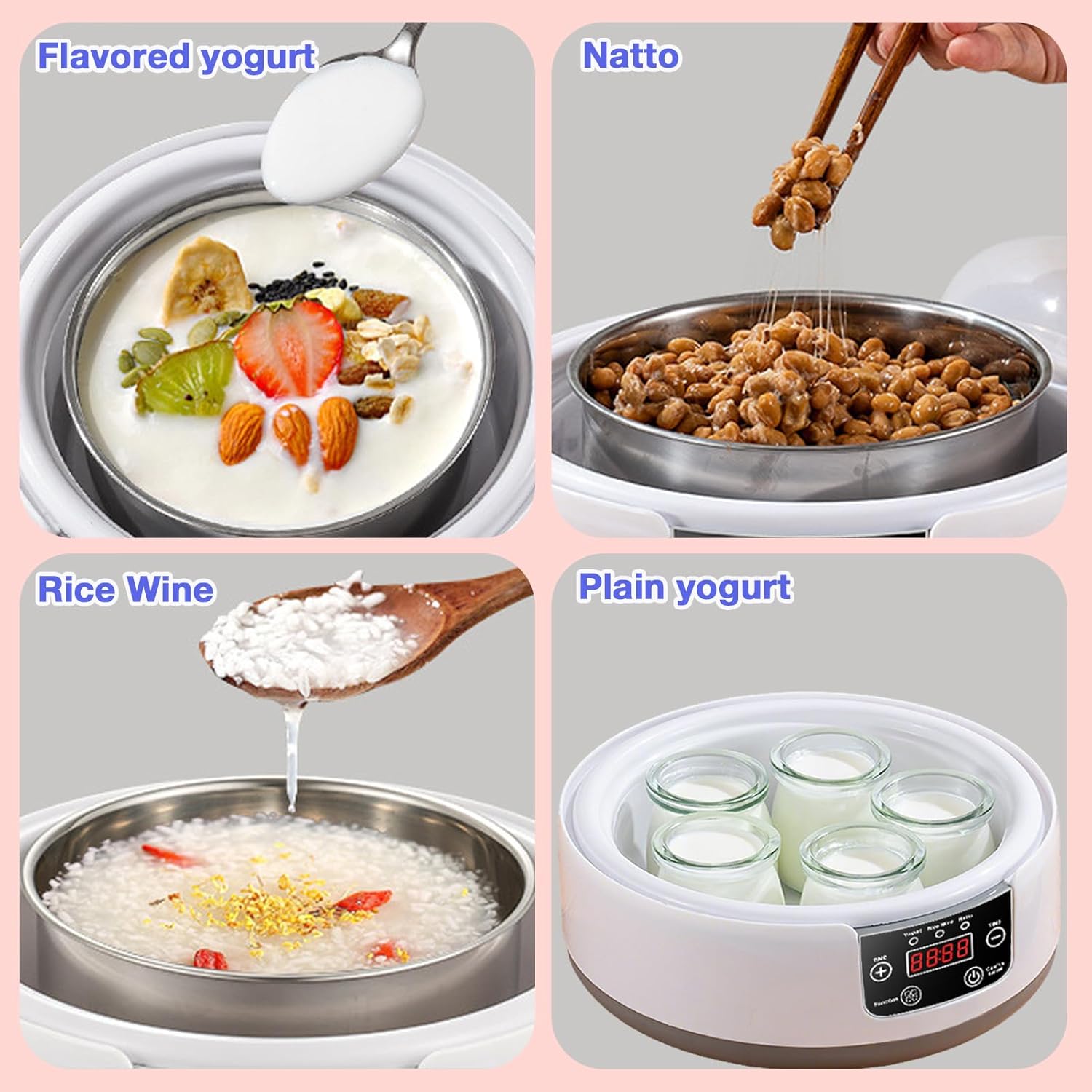 Four images showing different fermented foods: flavored yogurt, natto, rice wine, and plain yogurt.