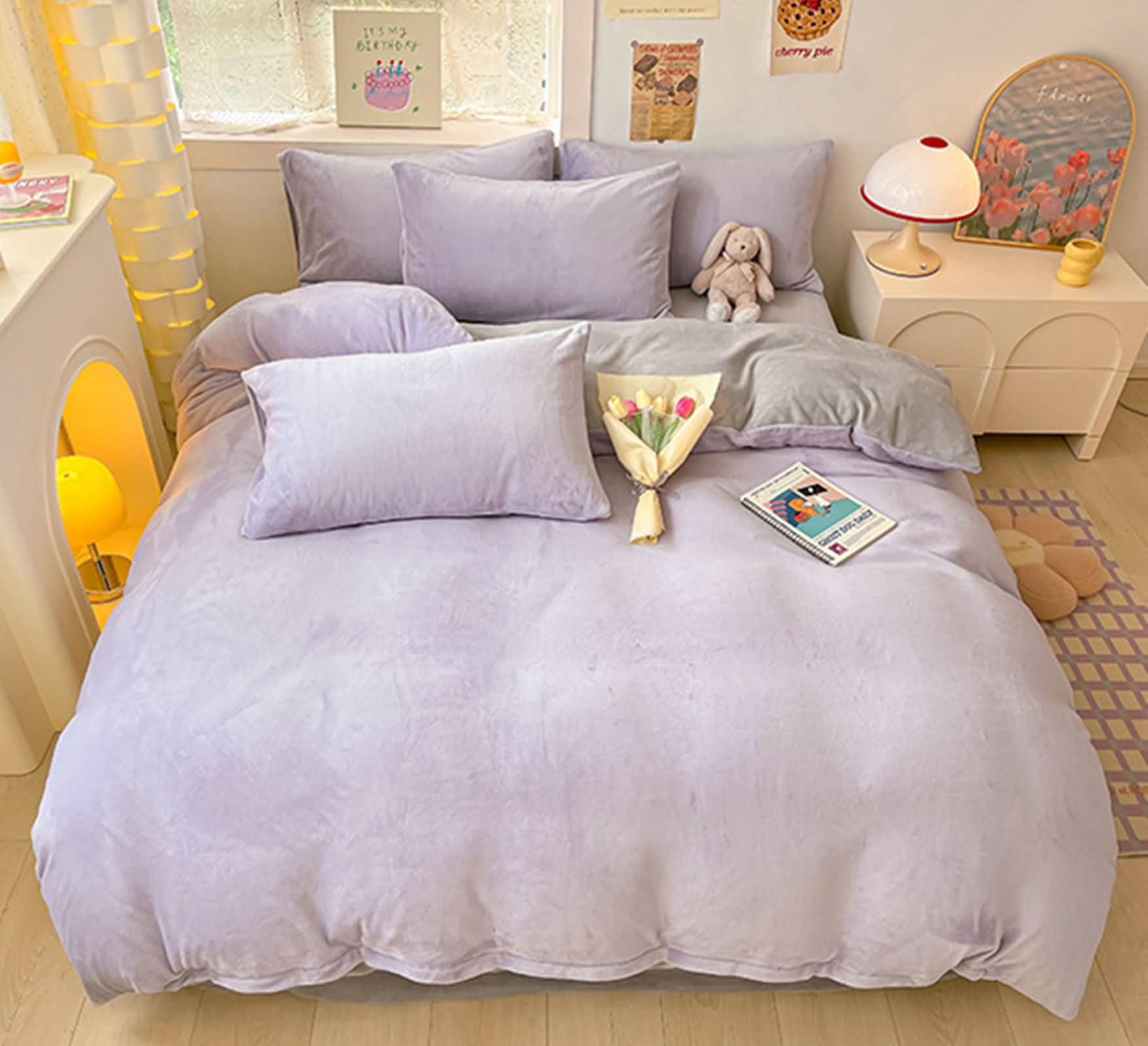 Zestaw pościeli Queen Size 4 szt., zestaw aksamitnych prześcieradeł, dwukolorowy jednolity kolor, 1 płaskie prześcieradło, 1 poszewka na kołdrę (221 cm x 239 cm) i 2 poszewki na poduszki