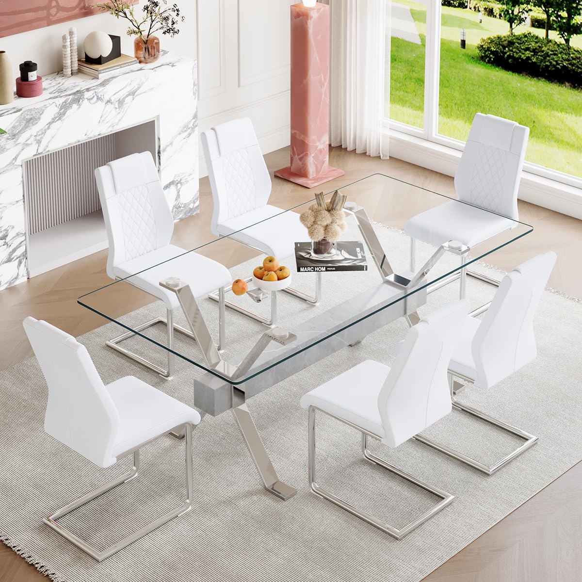 ダイニングテーブル Amazon.com - 7 Piece Glass Dining Table Set, Kitchen Table Chairs