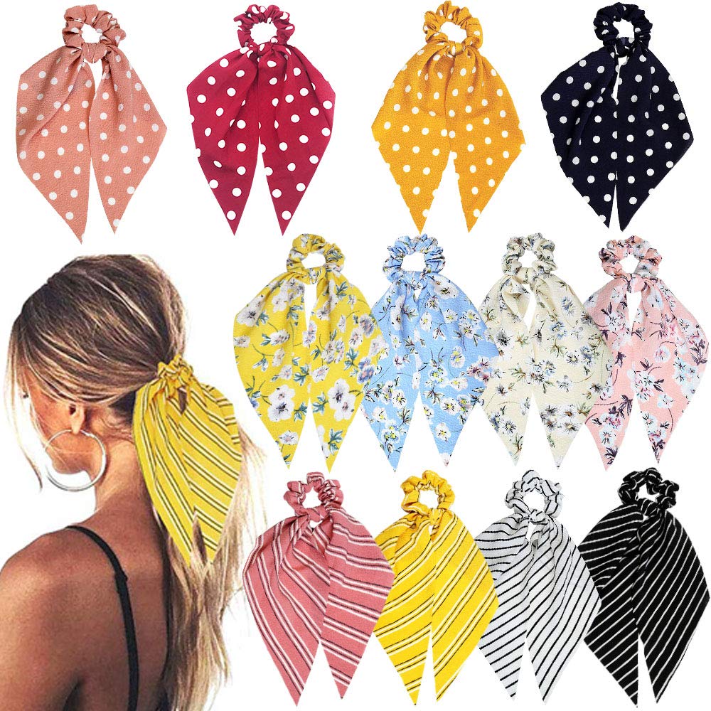 Sunaction12 Pcs Hair Scarf Scrunchie Chiffon Dot Stripe Floral Ponytail Hair Ties Holders for Women