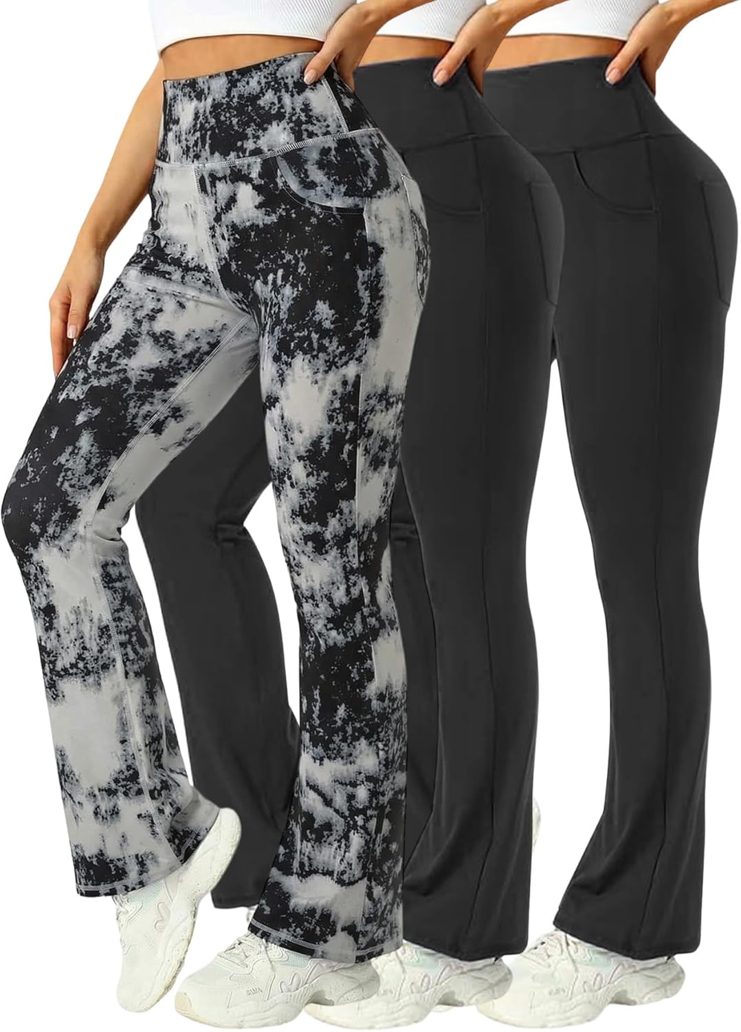 3 Packs Womens High Waist Flare Pants-Flare Yoga Pants，Yoga Pants with Pockets - High Waist and Wide Leg