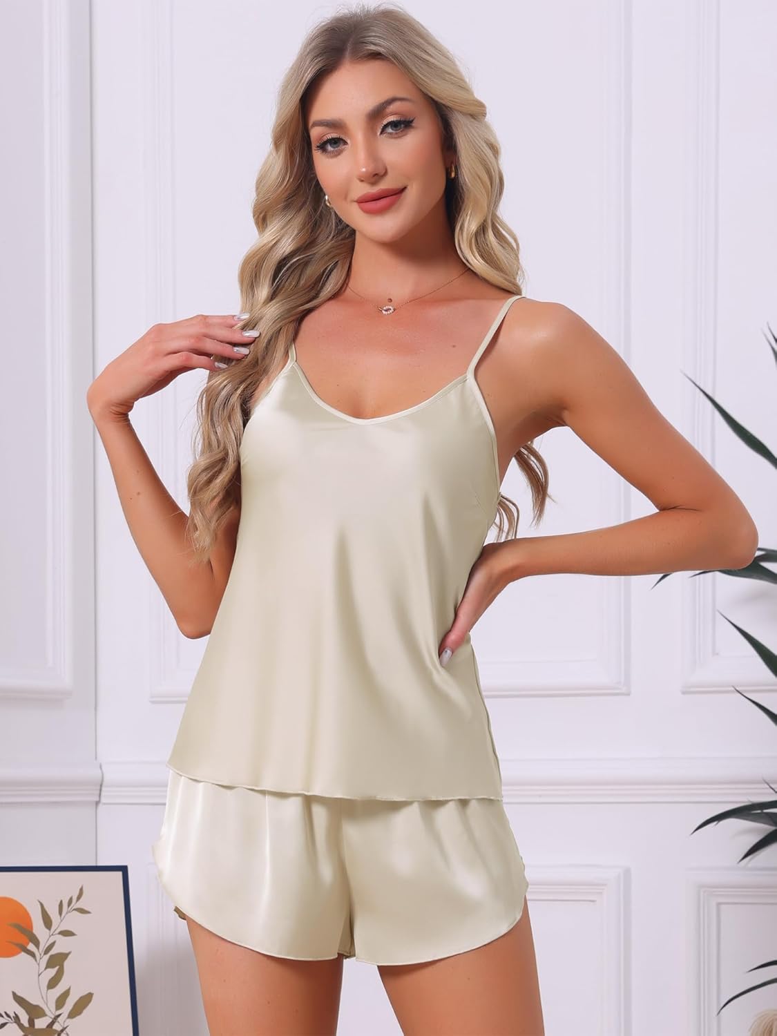 cheibear Womens Satin Pajamas Set Silky Camisole Sleeveless Spaghetti Strap Cami Split Shorts Sets 2 Piece Sleepwear - Image 2