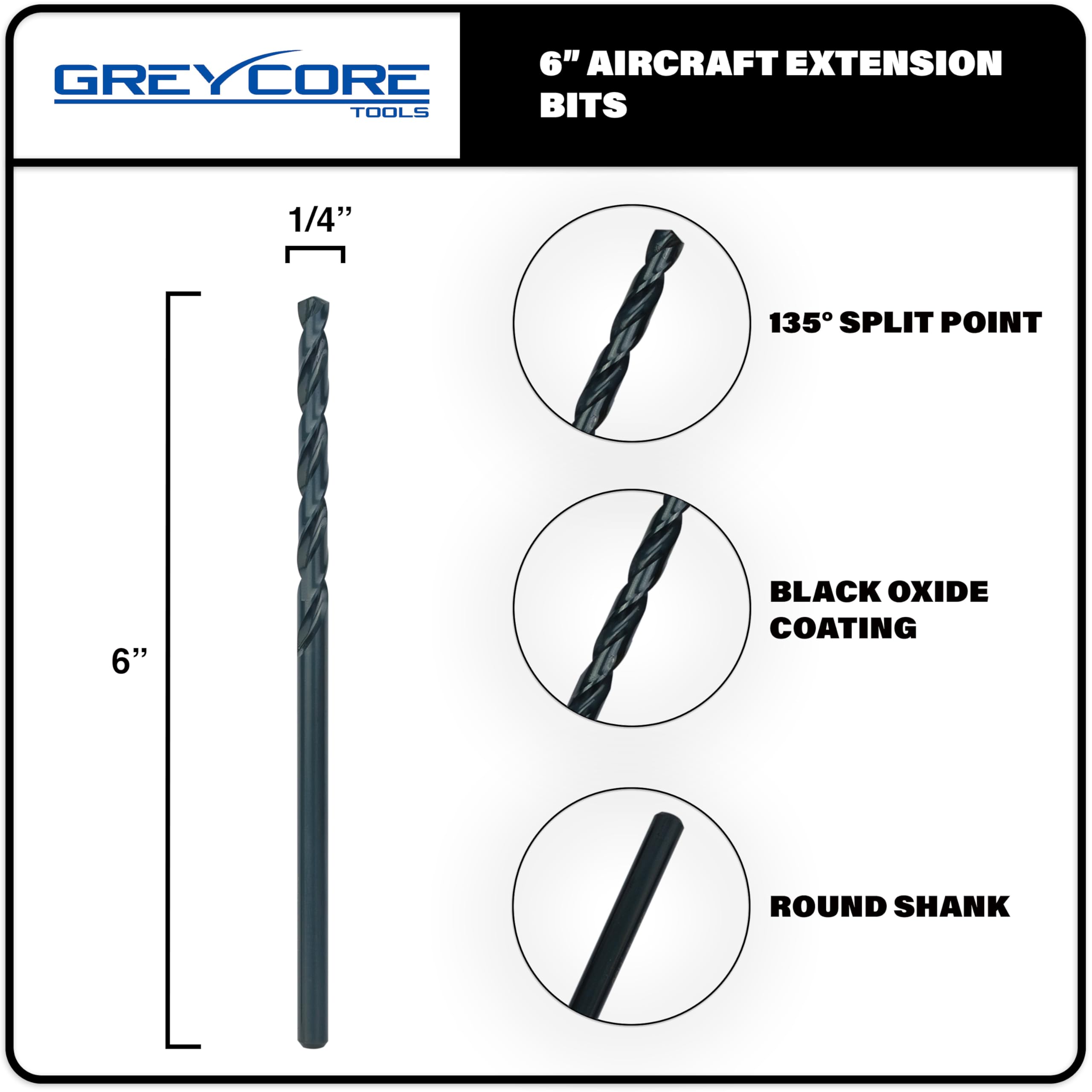 Greycore 1/4" x 6" Black Oxide Drill Bits - 2 Pack -2 Greycore 1/4" x 6" Black Oxide Drill Bits - 2 Pack -2