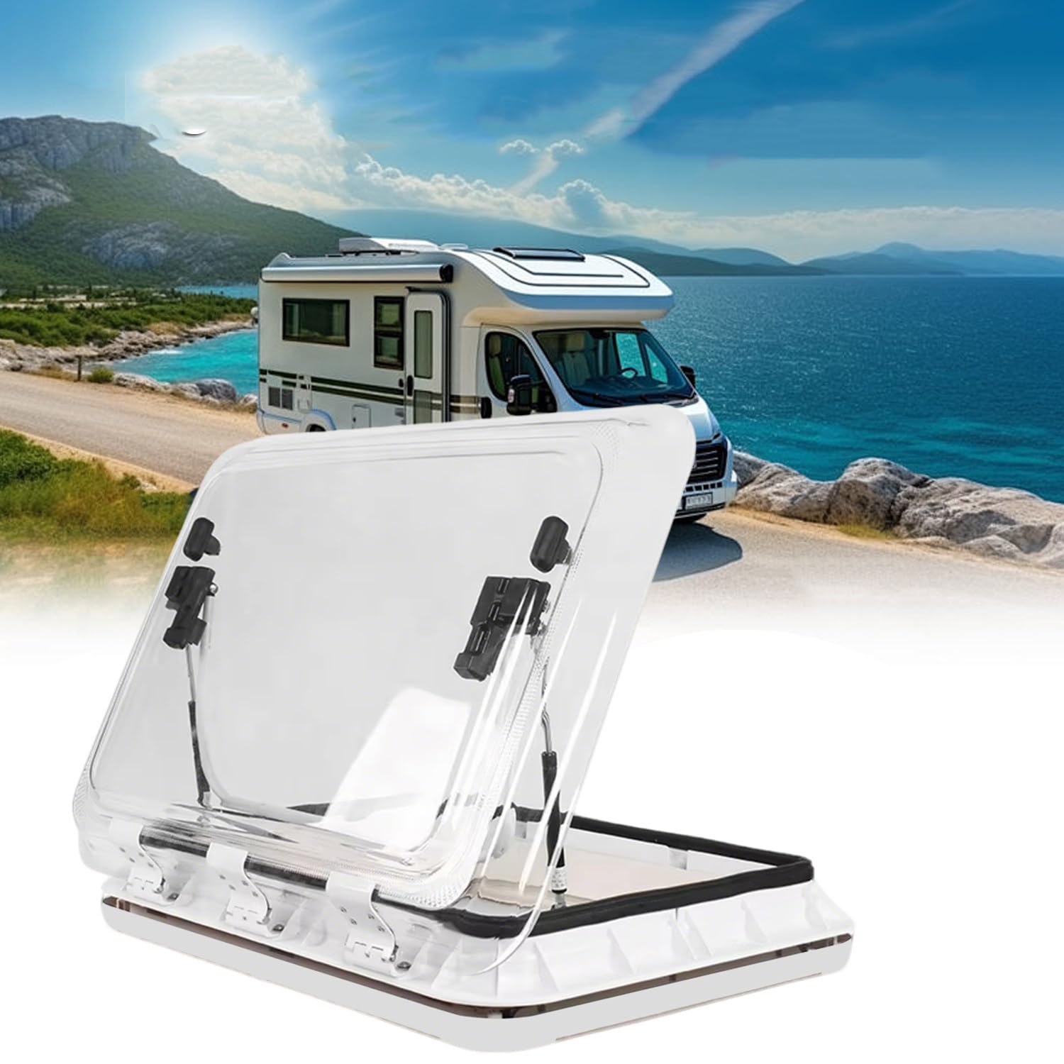 Claraboya para ventana de techo de autocaravana con parasol y mosquitera de 500 x 700 mm, 700 x 500 mm El parasol reflectante integrado reduce el calor, garantiza la privacidad, 70° White-700*500mm
