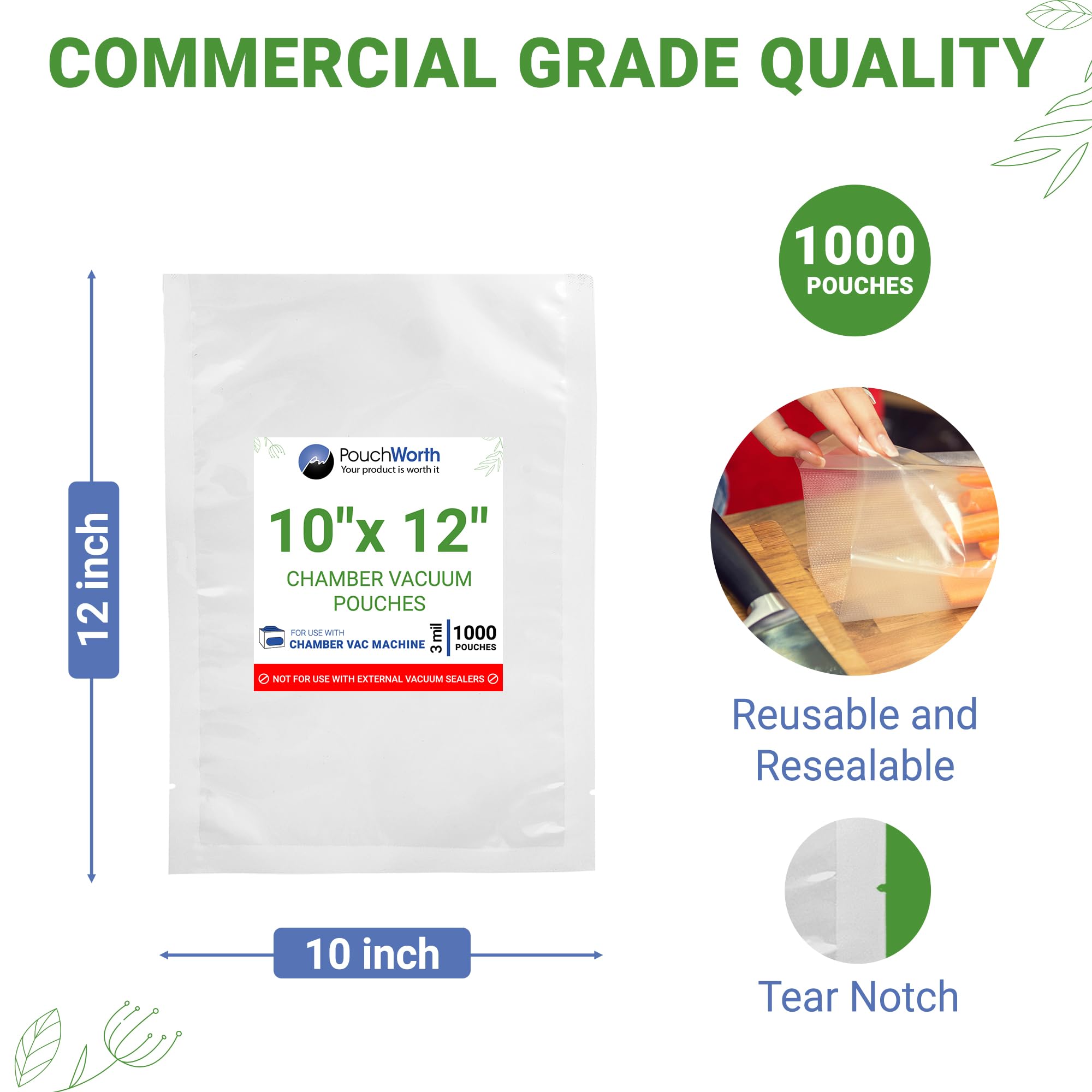 1000 Bolsas Transparentes de Cámara de Vacío de 10 x 12 Pulgadas, Bolsas para Envasar al Vacio, Ideales para Almacenamiento de Alimentos y Vacas