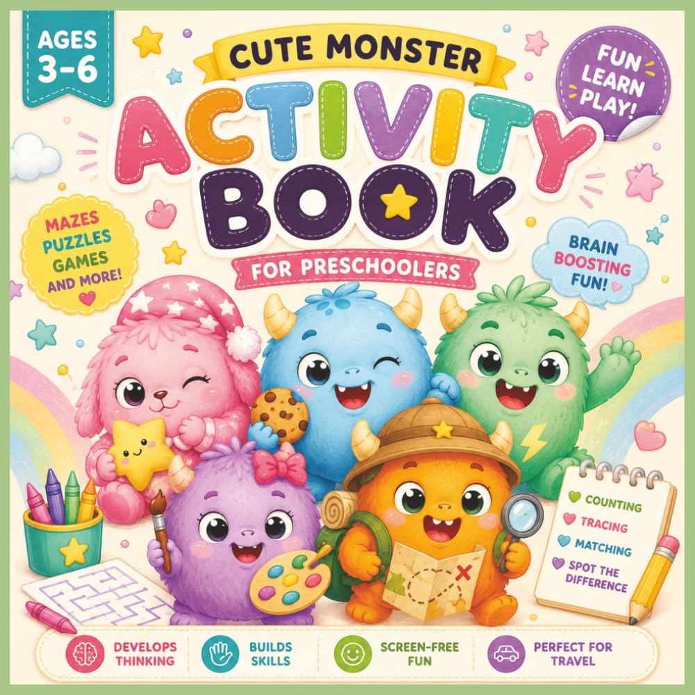 Cute Monster Activity Book for Kids Ages 3-6: Kawaii preschool workbook