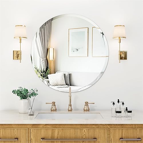 Antok Espejo de baño redondo sin marco, espejo circular de 24 pulgadas para baño, espejo de tocador sin marco con borde biselado de lujo para