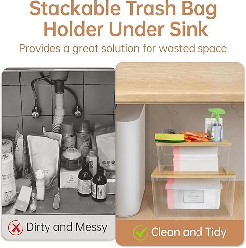 Miniatura 5 de Paquete de 2 soportes para bolsas de basura apilables debajo del fregadero, dispensador de basura de plástico con tapa, dispensador de