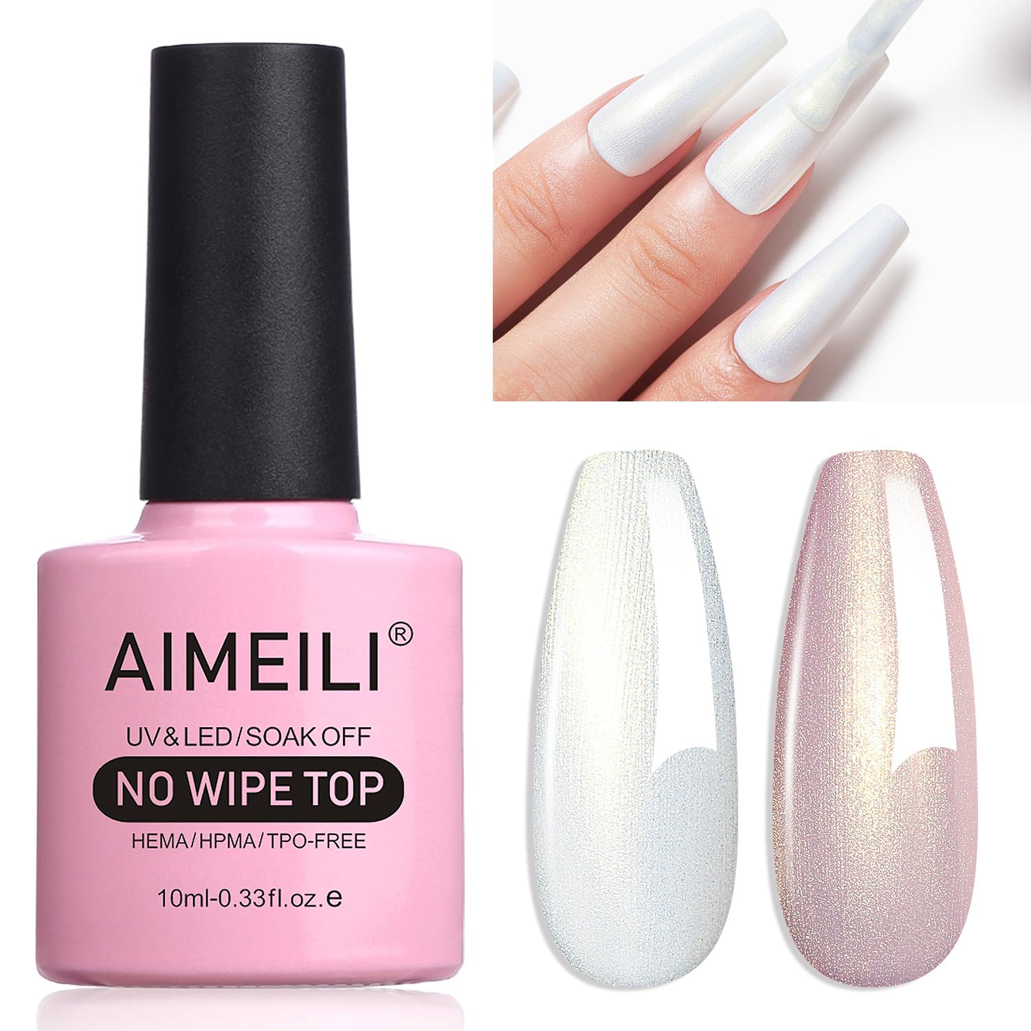 AIMEILI Pearl Glitter Gel Top Coat, Micro Aurora Clear Polish, UV LED Soak-Off, Rainbow Shimmer Nail Art, High-Gloss Finish