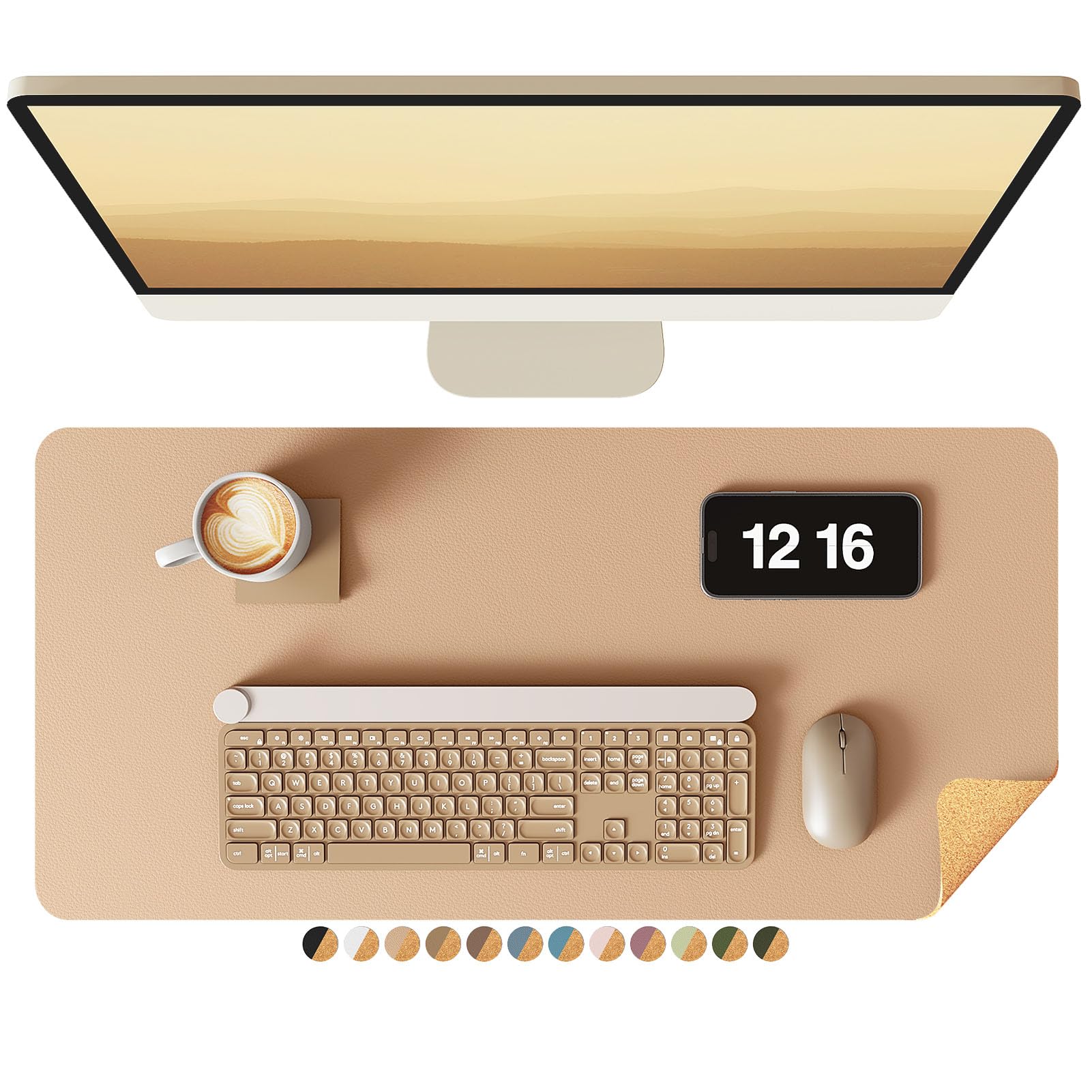 YSAGi Double-Sided Desk Pad, Leather Desk Mat, Eco Cork Desk Pad Protector, Large Mouse Pad for Desk, Waterproof Desk Blotter Pad, Writing Pad for Office/Home(23.6"x13.7",Apricot)