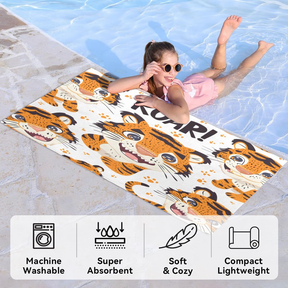 Cartoon Tiger Kids Quick Dry Beach Towel Sand Free Microfiber Swim Towel Oversized 30 x 60 Inch Absorbent Bath Towels for Beach Pool Camping