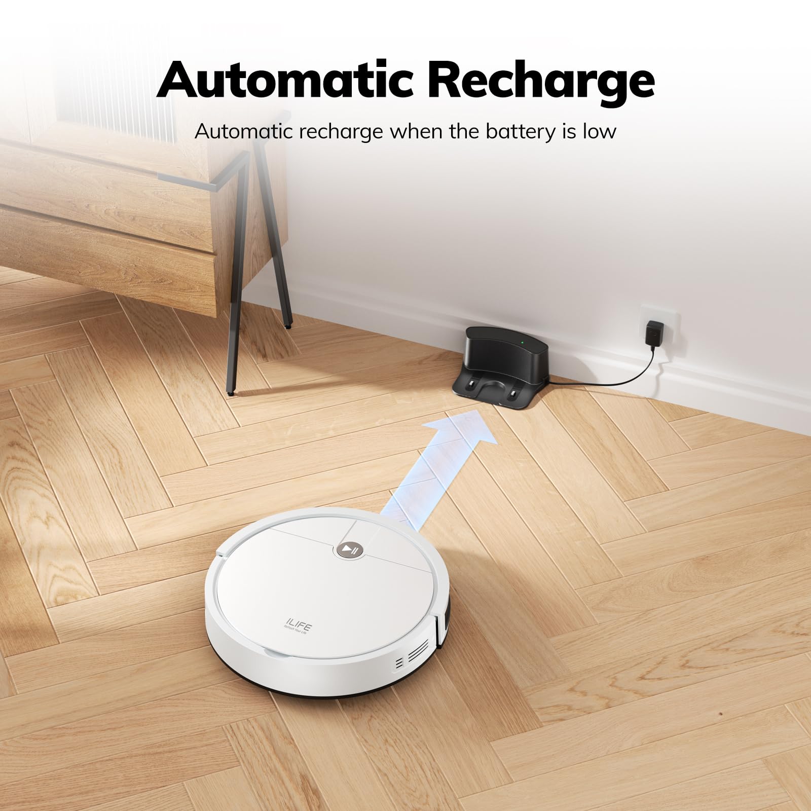 ILIFE V2 Robot Aspirador, aspiración sin enredos, autonomía de 120 Minutos, Aspirador Robot Delgado con Carga automática, Ideal para Pelo de Mascotas y Suelos Duros