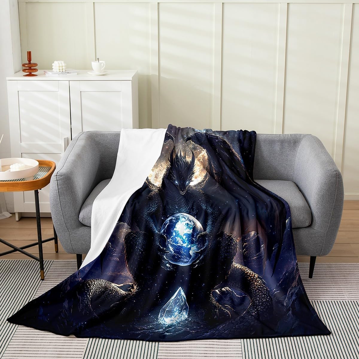 Feelyou Dragon Plush Throw Blanket Queen 90"x90" Dragon Stuff Flannel Fleece Blanket for Boys Girls Teens Wild Life All Season Bed Blanket Dragon Decor Blanket Room Decor Black