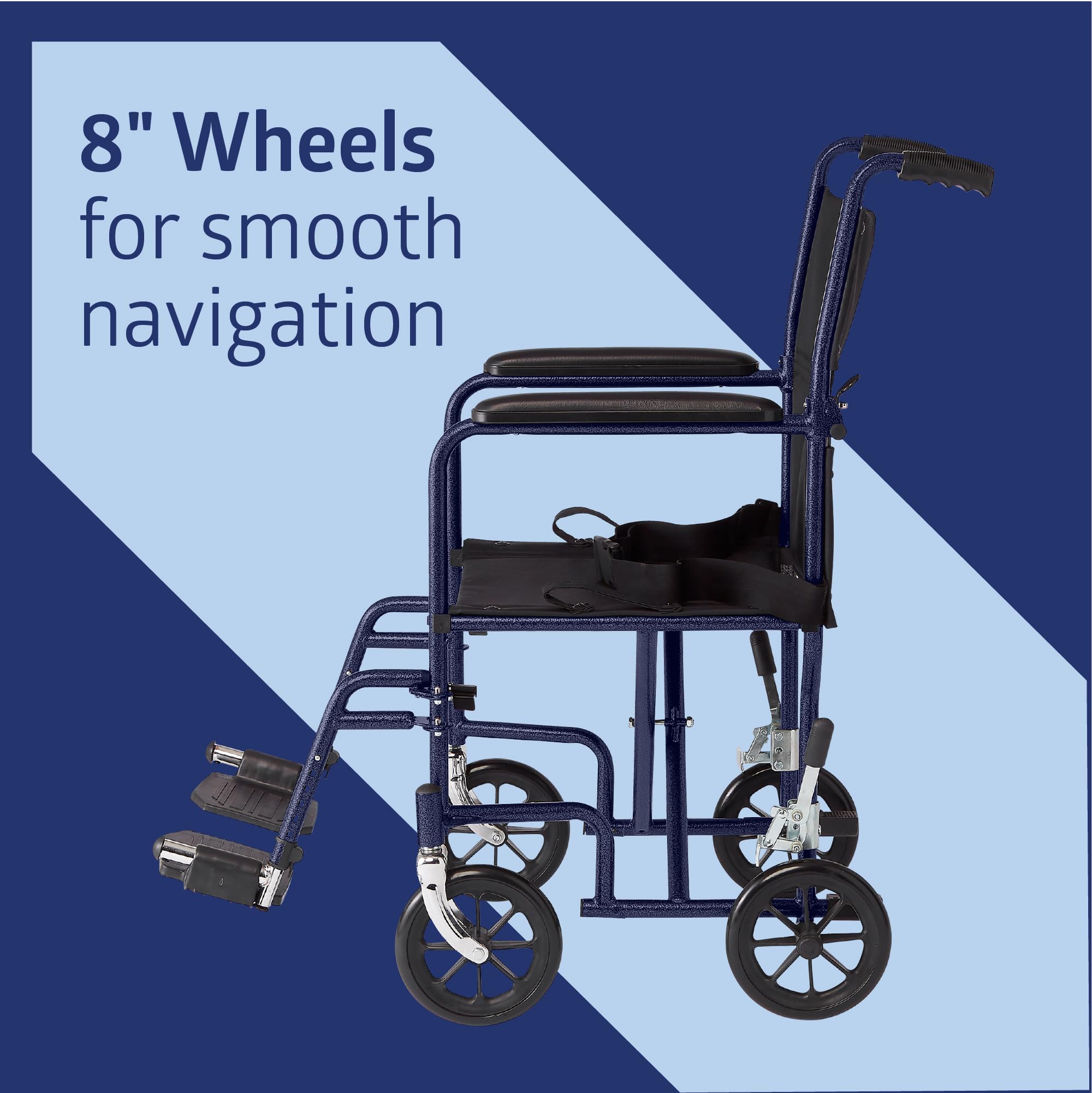 Medline Steel Transport Chair, Folding Transport Wheelchair, Removable Swing-Away Footrests, Full-Length Armrests, 17" Seat, 250 lb. Capacity, Blue — Amazon image 5