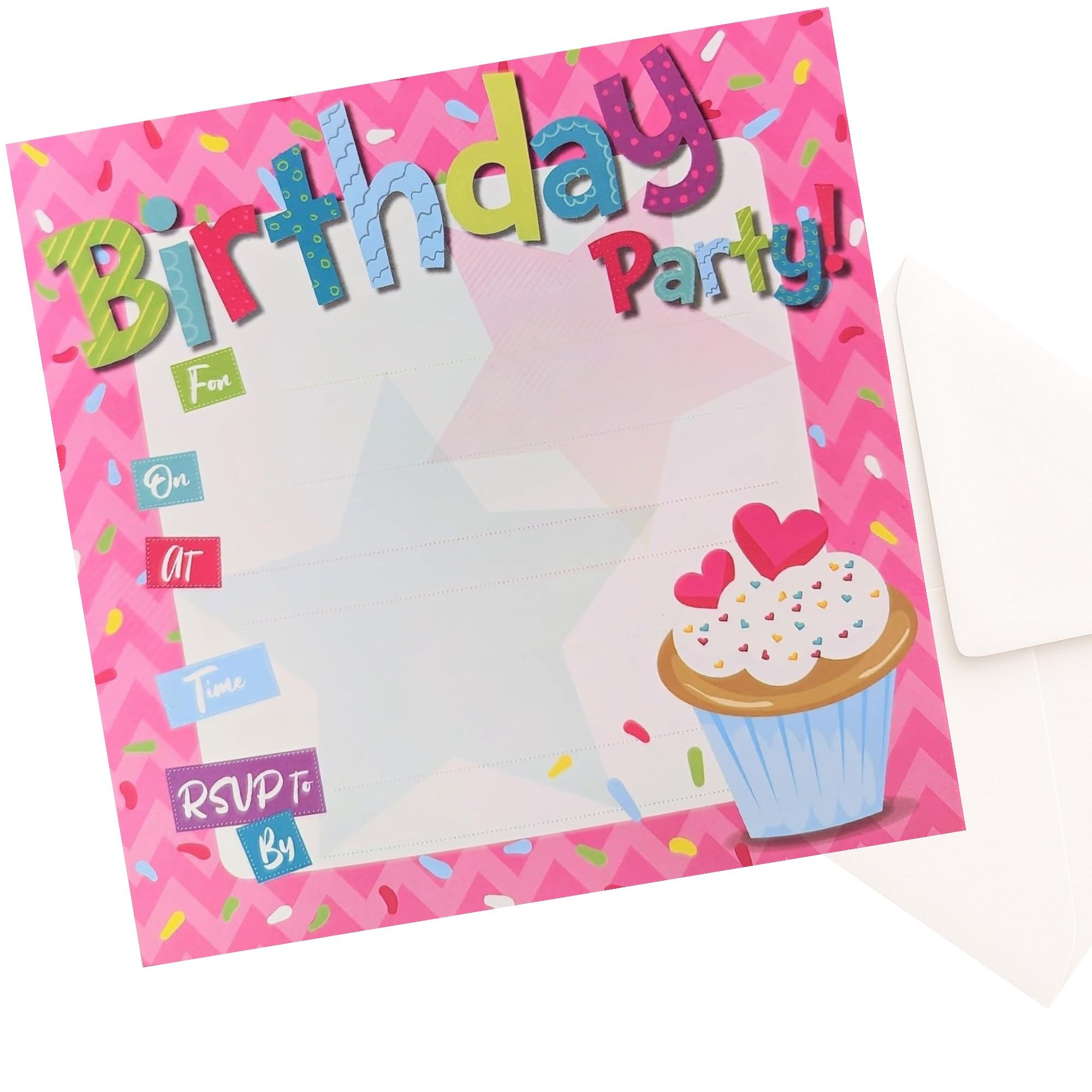 12x Girls Birthday Party Invitations – Cupcake-Themed Birthday Invites with Envelopes – Pink & Colourful Fill-In Cards – Fun & Cute Design – Perfect for Any Age – 13.5cm x 13.5cm