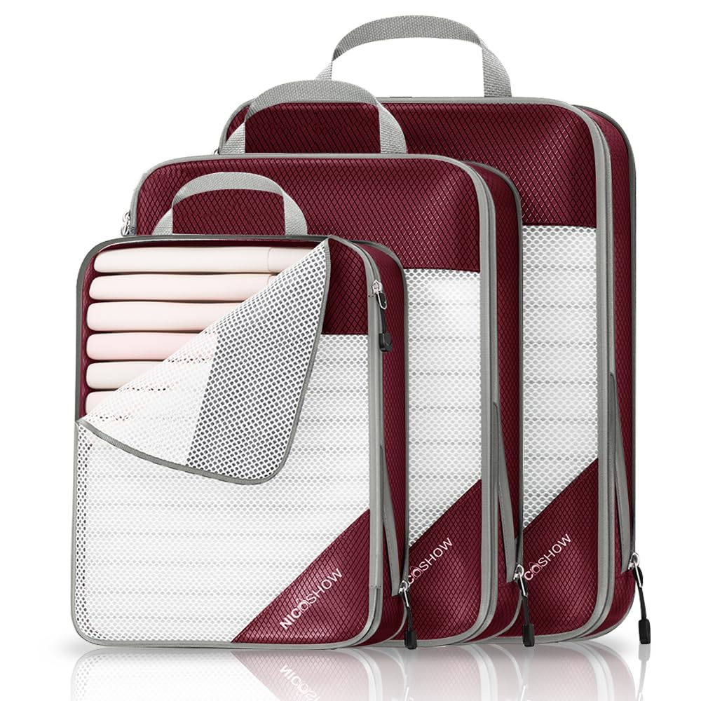 NICOSHOW 3 Set Compression Packing Cubes for Travel - Compressible, Lightweight, and Space-Saving Packing Cubes, Travel Essentials for Women, Wine