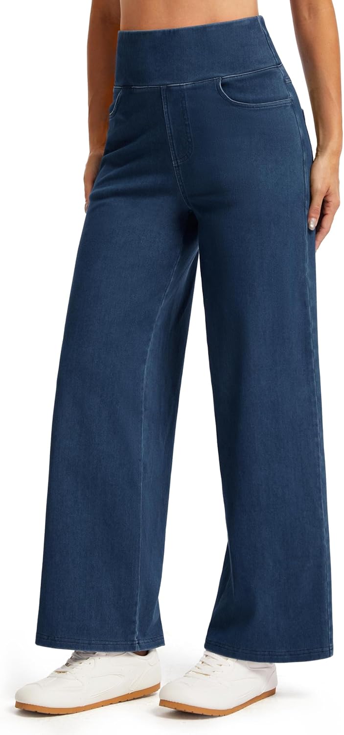 THE GYM PEOPLE Women's Wide Leg Jeans High Waisted Pull on Stretchy Baggy Basic Straight Denim Pants with Pockets - Image 2