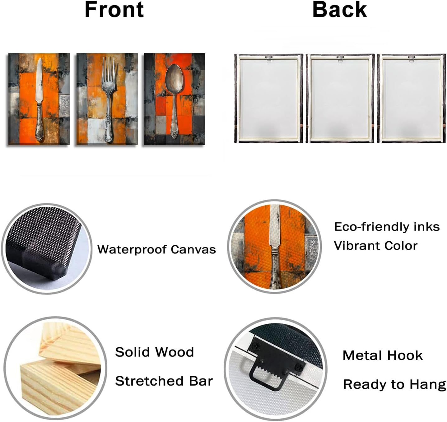 LYUNSHUO Large Kitchen Wall Art 3 Panel Fork Knife Spoon Picture Kitchenware Canvas Prints Orange Posters Rustic Dining Room Restaurant Decoration - 24.00"x36.00"x3P