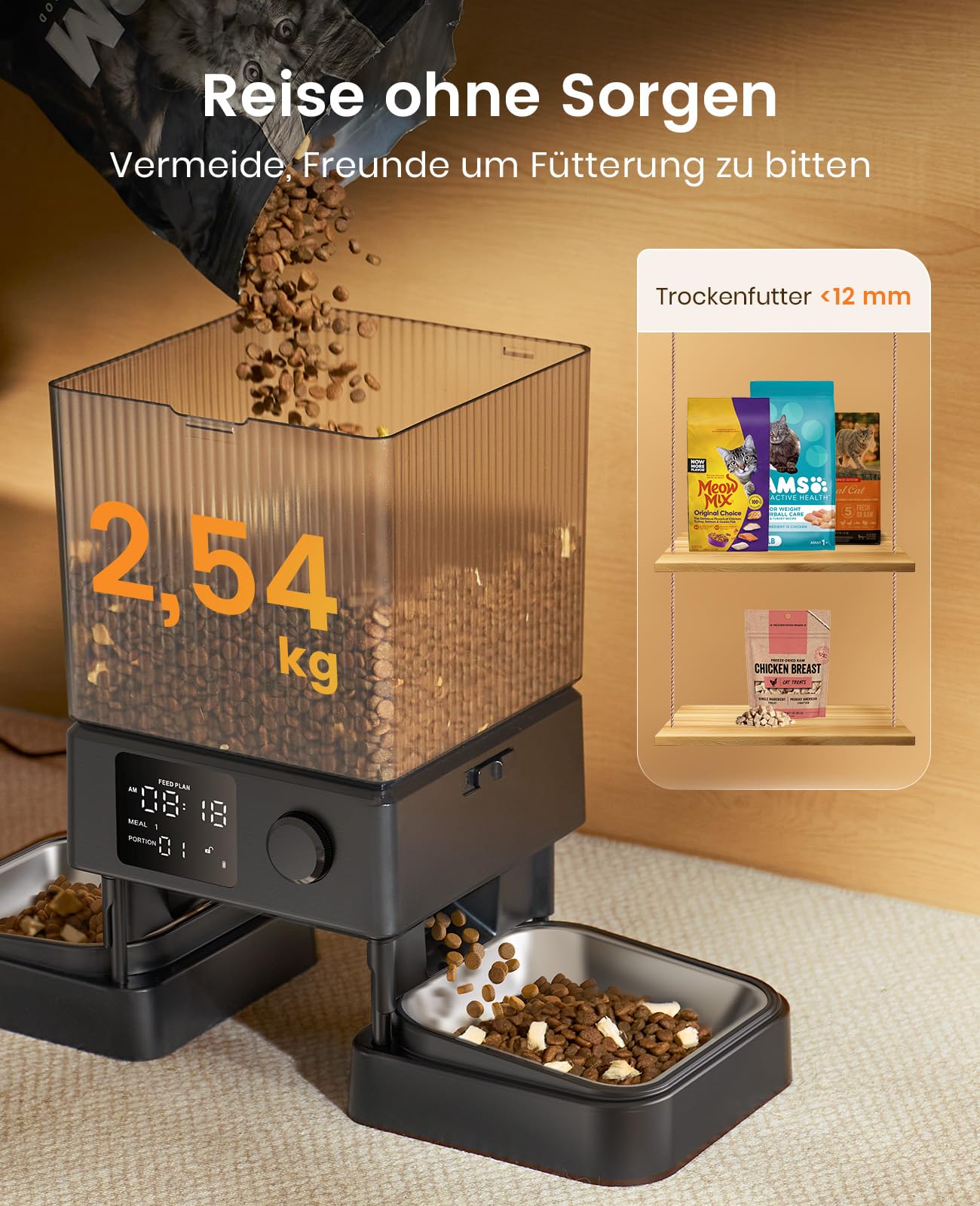 oneisall 5L Futterautomat Katze 2 Näpfe, Katzenfutter Automat mit Edelstahlschüssel, Voice Recorder