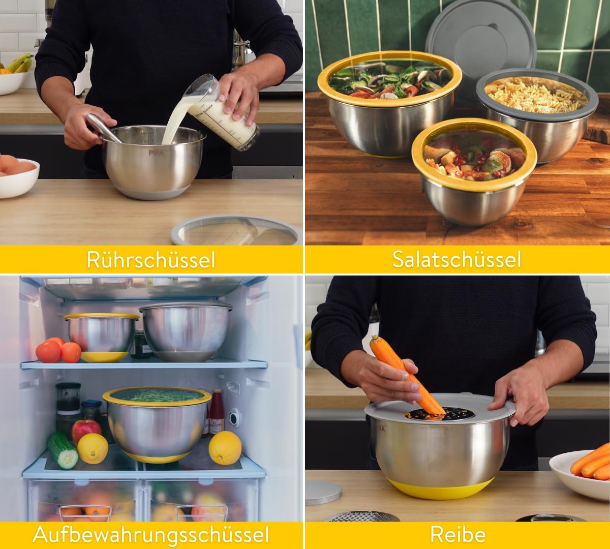 PIKA° 4-in-1 Edelstahl Schüssel Set (3-tlg) mit Glasdeckel & 3 Reibe-Aufsätzen | Multifunktions-Schüsseln zum Reiben, Rühren & Servieren | Stapelbar & Luftdicht | Ideal für Salat, Teig & Picknick