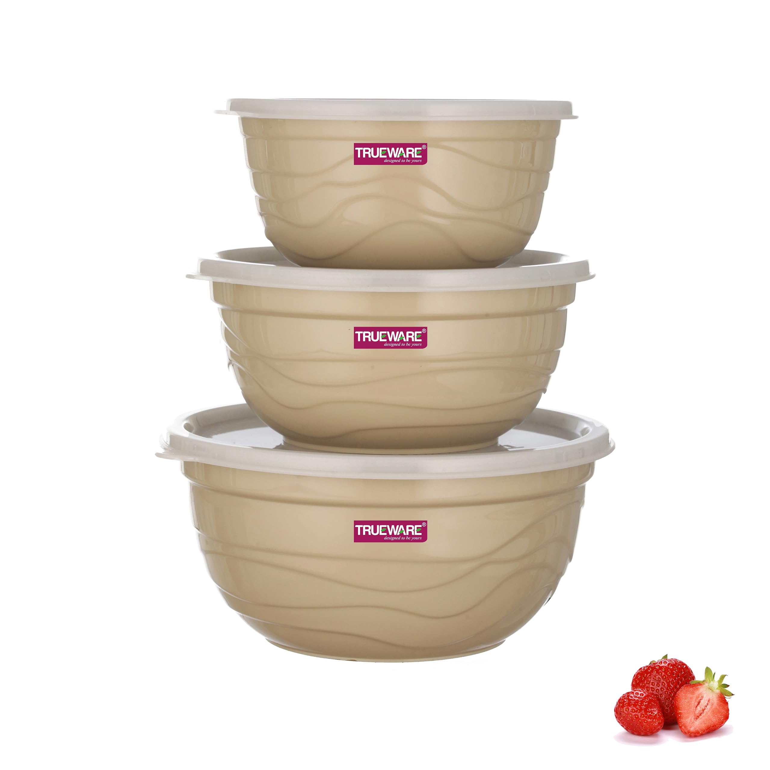 Trueware Microwave Safe Bowl |1 Year Warranty | Bowl Sets, Bowl, Serving Bowl with lid |1000,1400,2000 ml | Florra Stainless Steel Serving Bowls, Microwave Bowl | Mixing Bowl Set of 3 with Lid- Cream