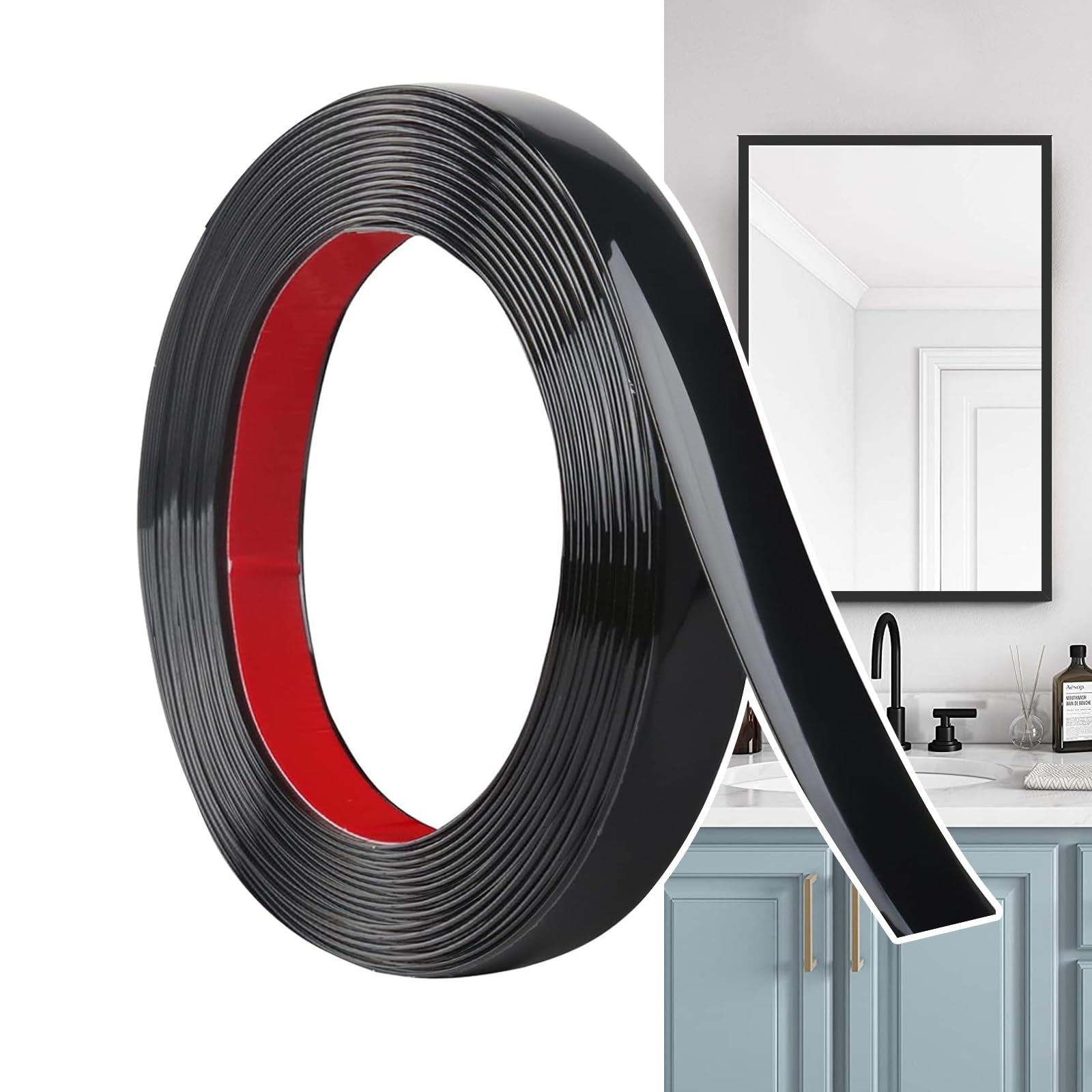 Hengrongshen Self Adhesive Moulding Trim Matte Black (12M x 2cm) Flexible PVC Peel and Stick Wall Trim Decorative Edge Strip for Wall, Tile, Mirror, Window, Cabinet, Bathroom, DIY Trim — image 1