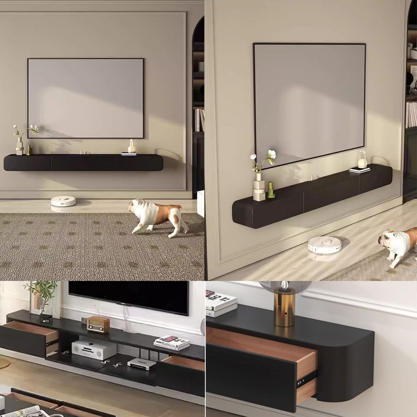 Supporto TV Sospeso in Legno Massello per Soggiorno Casa - Tavolino Supporto TV 140, 160, 180, 200, 220, 240 cm, Diverse Dimensioni (Nero, 220 x 20 x 24 cm)