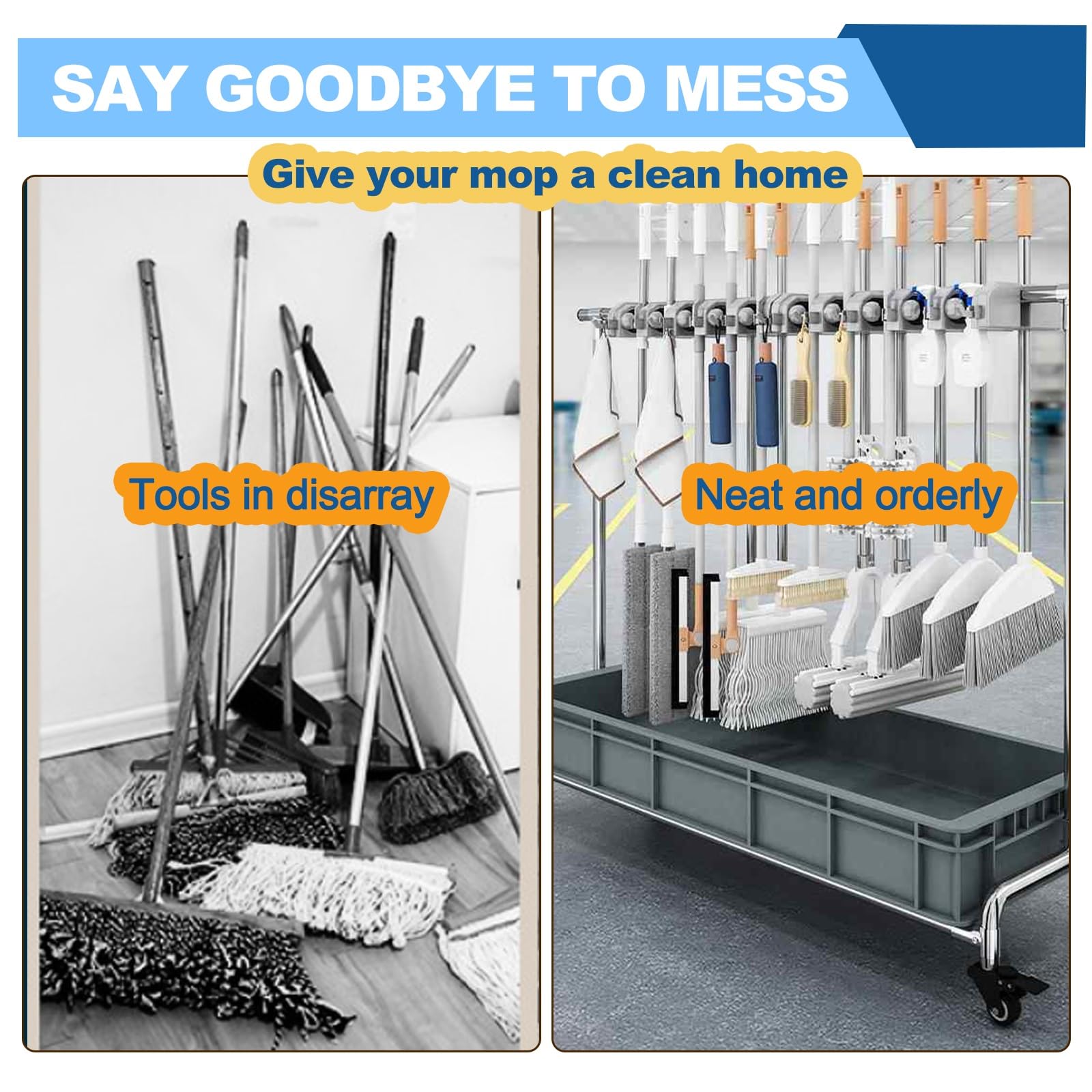 SARKEY Wieszak na mopy i wózek do czyszczenia, mobilny uchwyt na miotły mop broom holder, profesjonalny wózek do czyszczenia, wieszak na narzędzia ogrodowe, do domu, garażu (65 x 42 x 110 cm (26 x 17