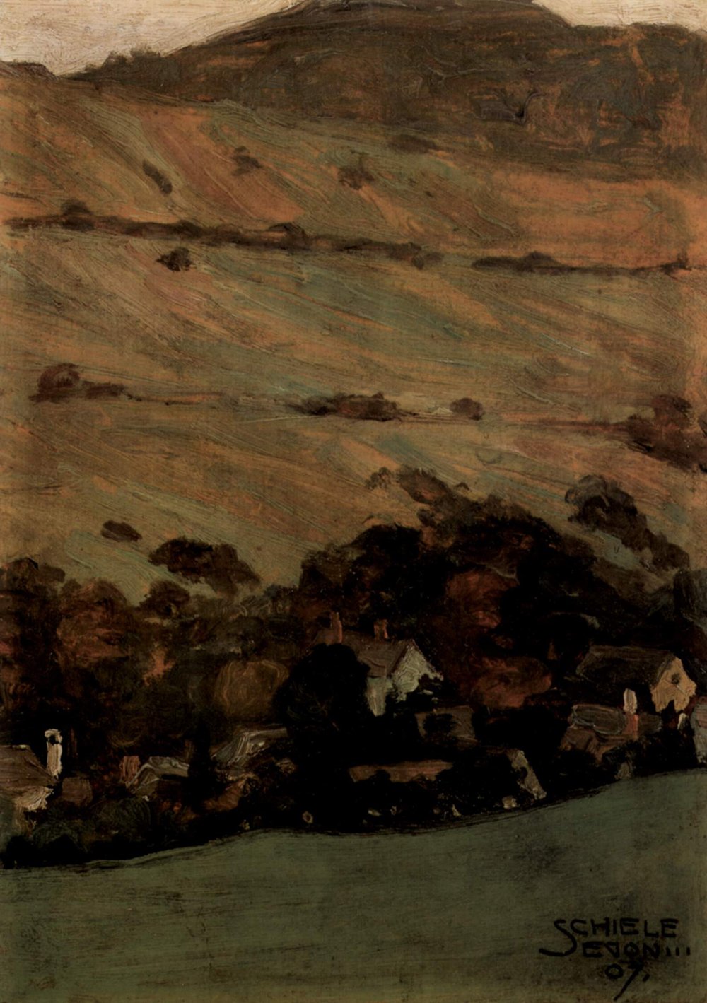 Decoración con Egon Schiele Hill Side, lámina mate con marco negro pequeño