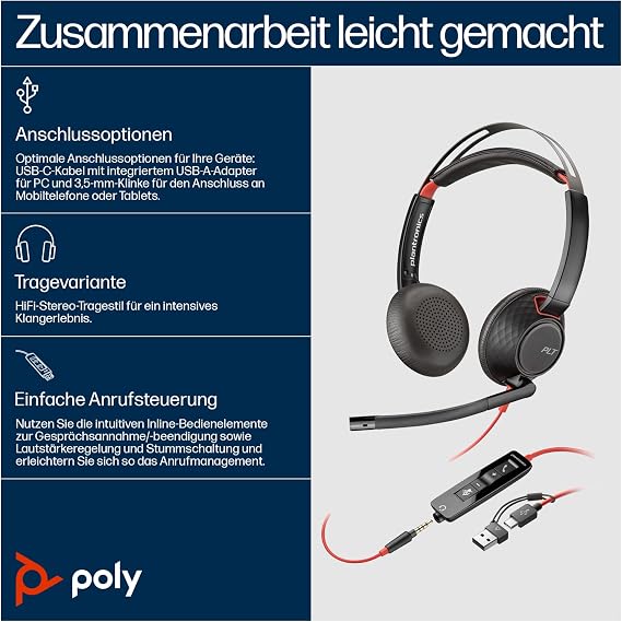 Poly Blackwire 5220 Stereo USB-C Headset +3.5mm Plug +USB-C/A Adapter