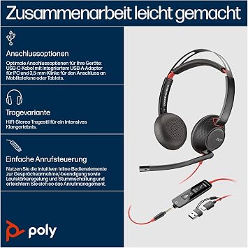 Poly Blackwire 5220 Stereo USB-C Headset +3.5mm Plug +USB-C/A Adapter